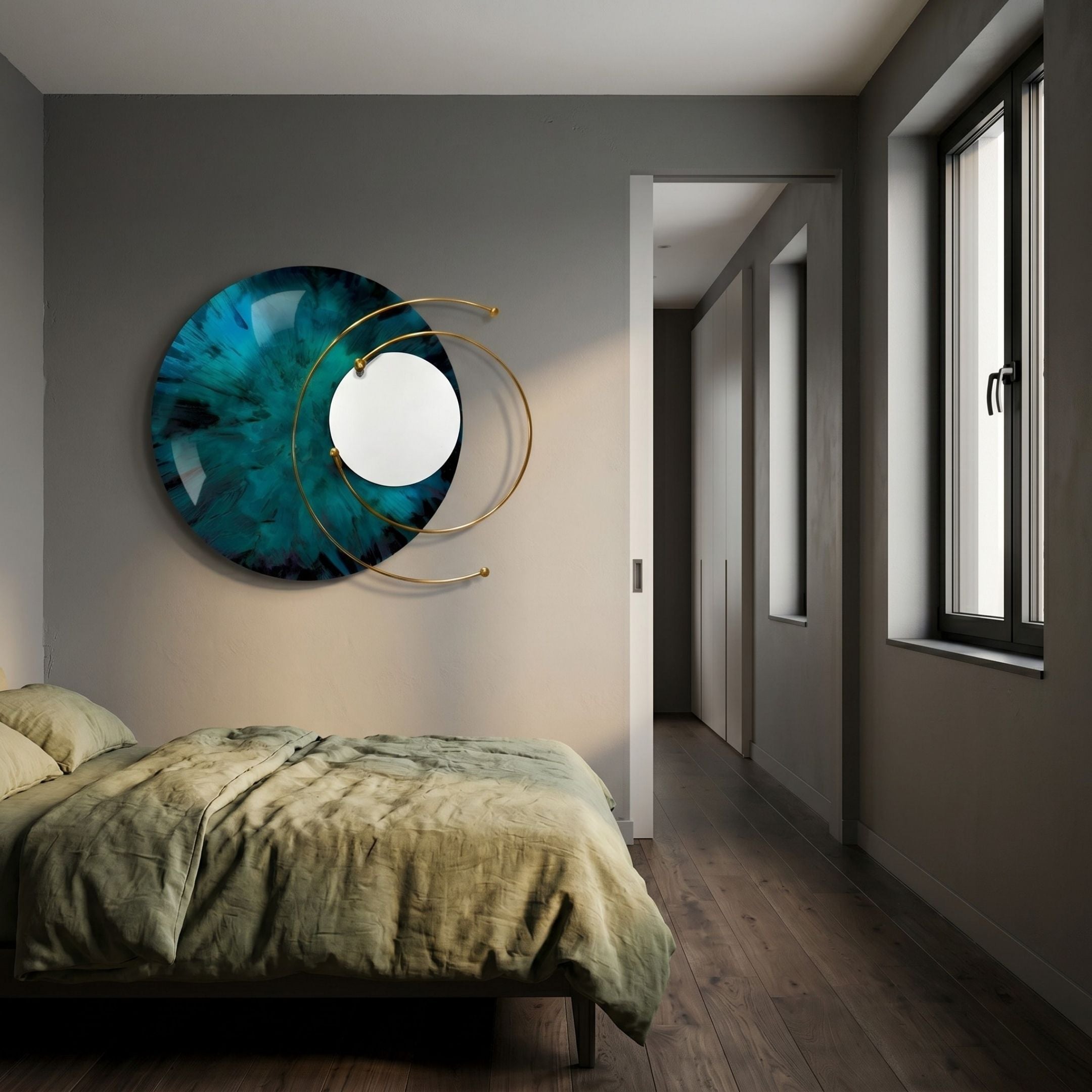 Aurelios Emerald Crystal Porcelain & Gold Orbit 3D Wall Art by Giant Sculptures mounted above a bed with olive linens in a grey-walled bedroom.