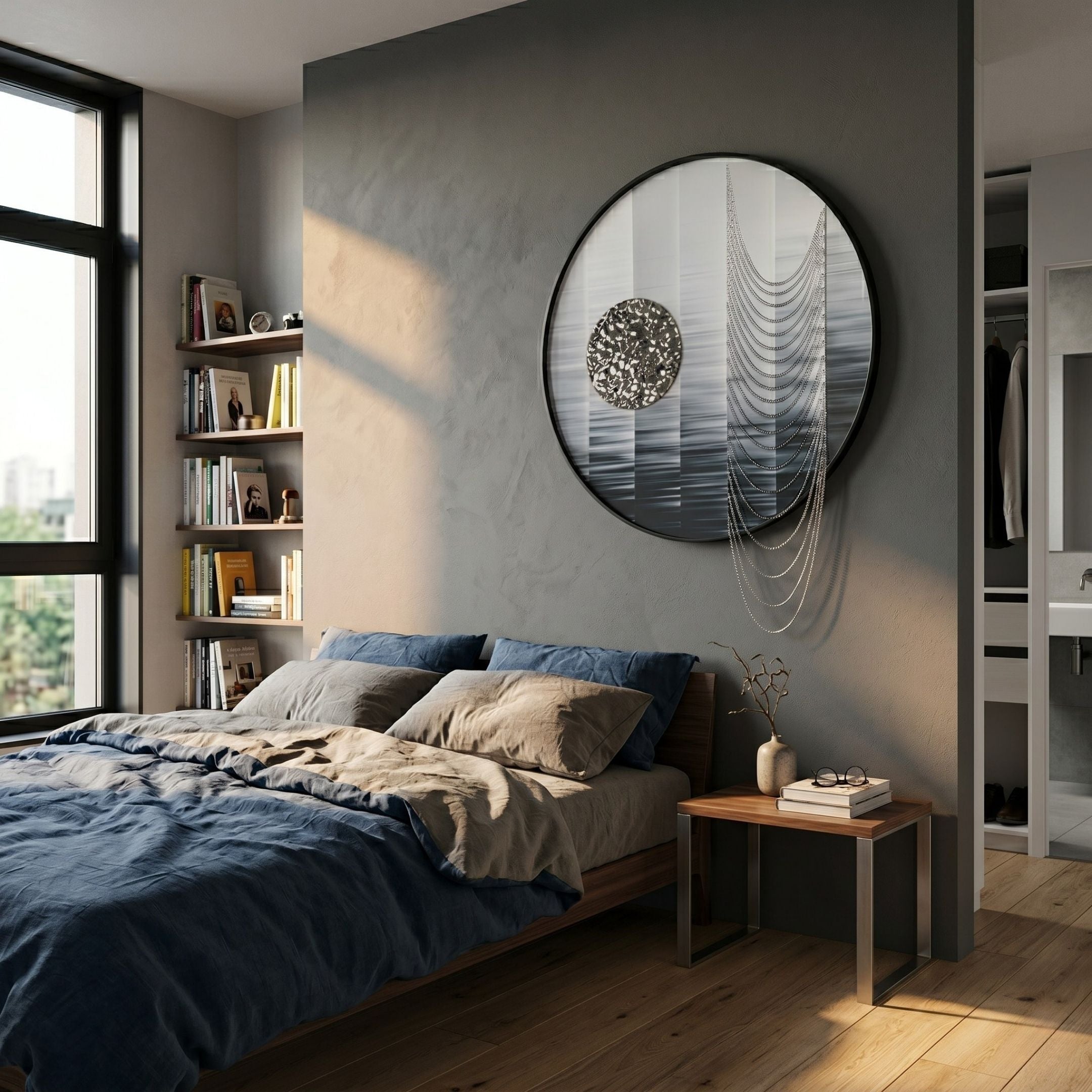 Lunastria Silver Disc & Chain Crystal Beads Round 3D Wall Art by Giant Sculptures mounted above a bed with navy and beige linens beside a bookshelf.