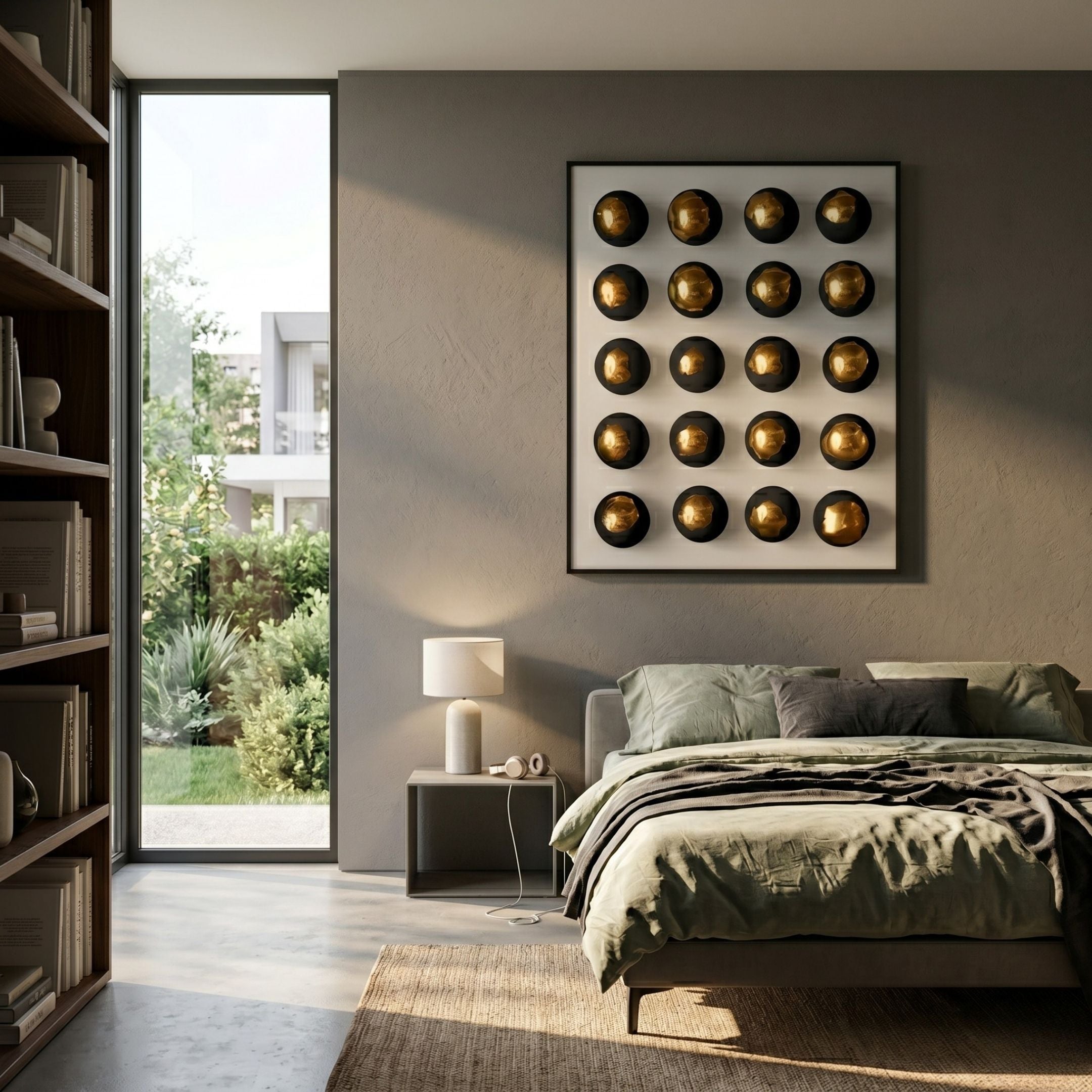 Orbivelle Black-Gold Patch Sphere & White Panel 3D Wall Art by Giant Sculptures displayed above a bed in a modern bedroom with a garden view window.