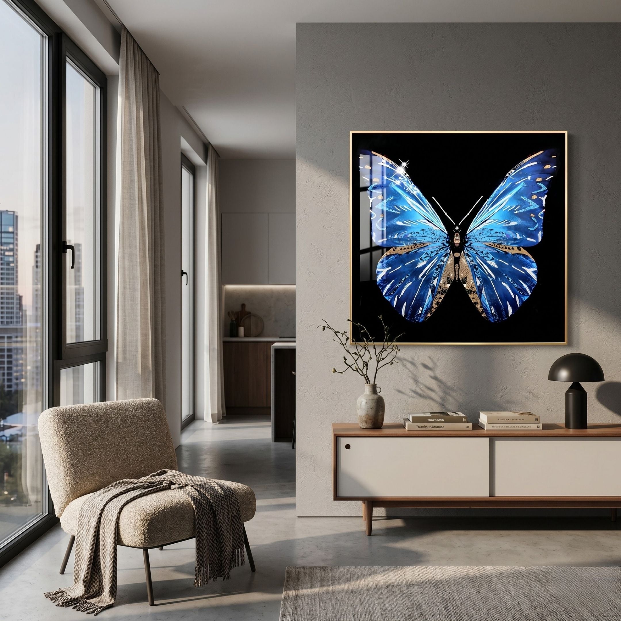 Auravalor Blue Butterfly Crystal Porcelain 3D Wall Art in a gold frame, displayed above a wooden console in a modern living room with a boucle chair.