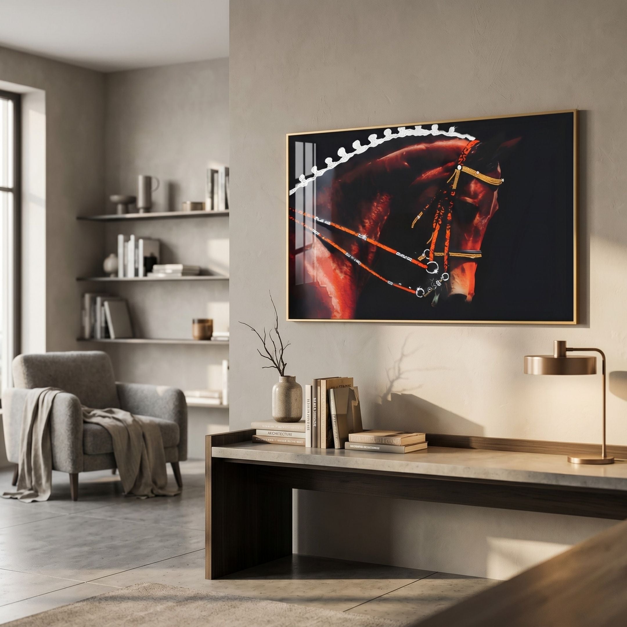 Auravalor Red Stallion Crystal Porcelain 3D Wall Art displayed above a console table in a modern living room with a grey armchair and shelving.