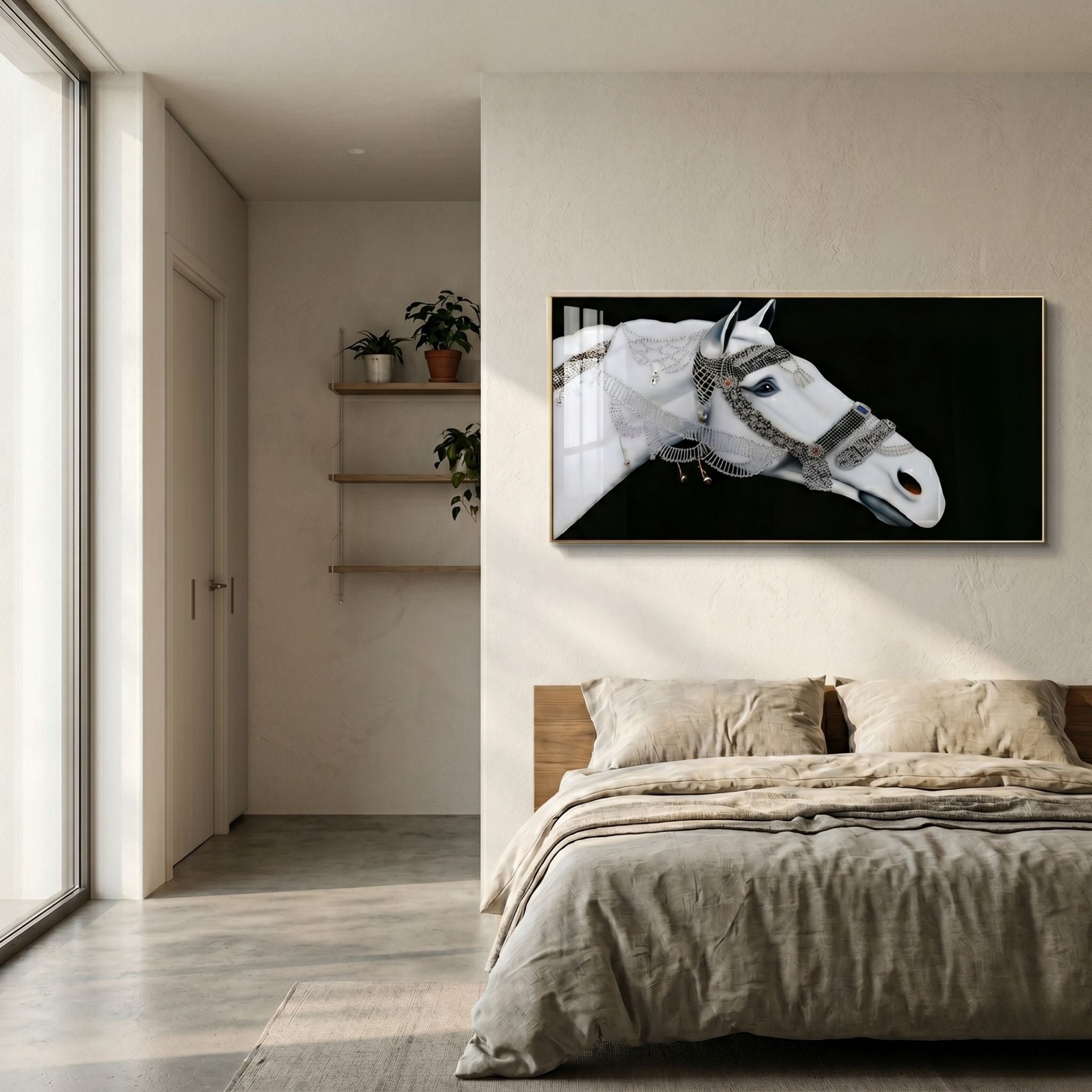 Auravalor White Stallion Crystal Porcelain 3D Wall Art by Giant Sculptures displayed above a wooden bed with linen bedding in a neutral-toned bedroom.