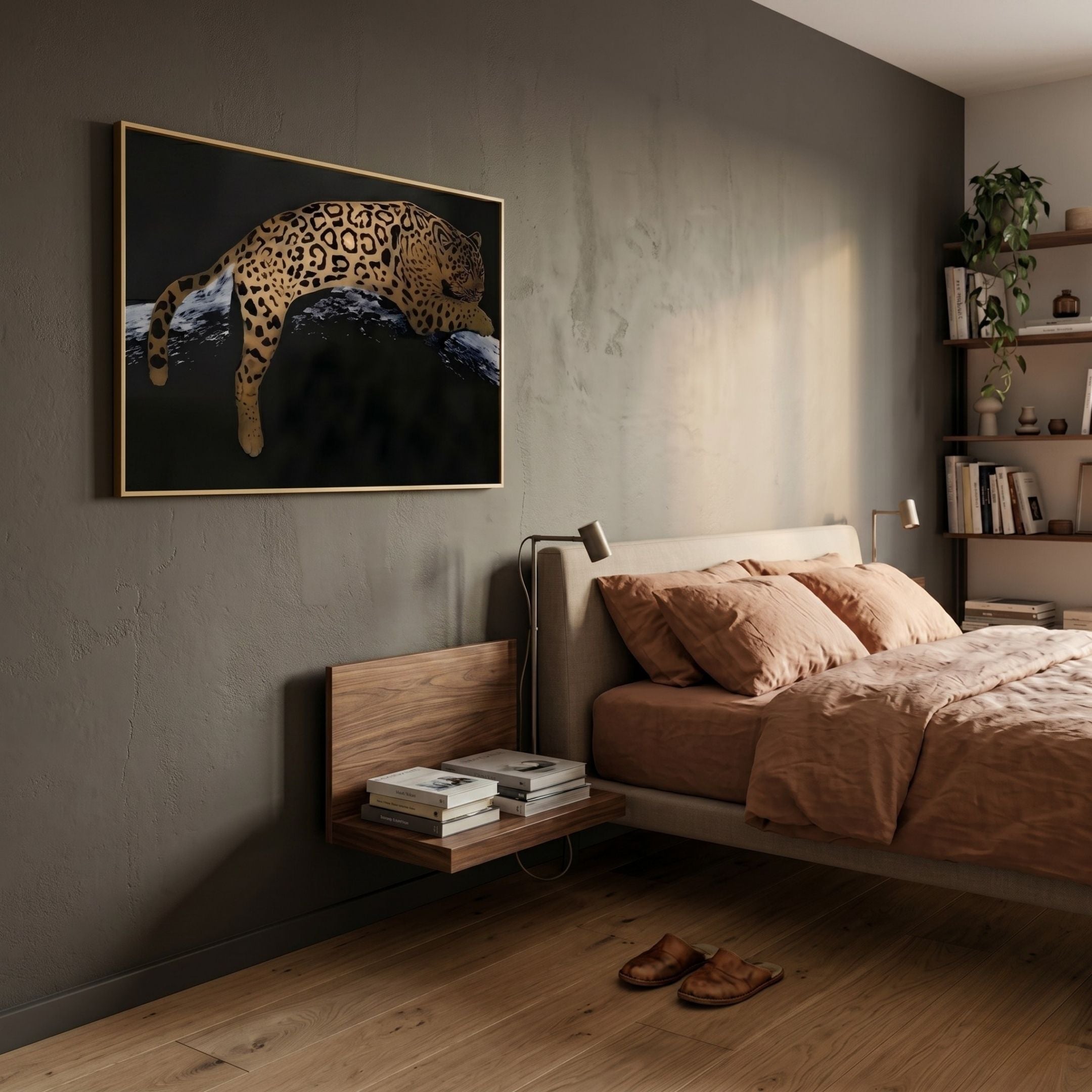 Auravalor Gold Leopard Crystal Porcelain 3D Wall Art by Giant Sculptures hung above a floating walnut nightstand in a bedroom with terracotta linens and a bookshelf.