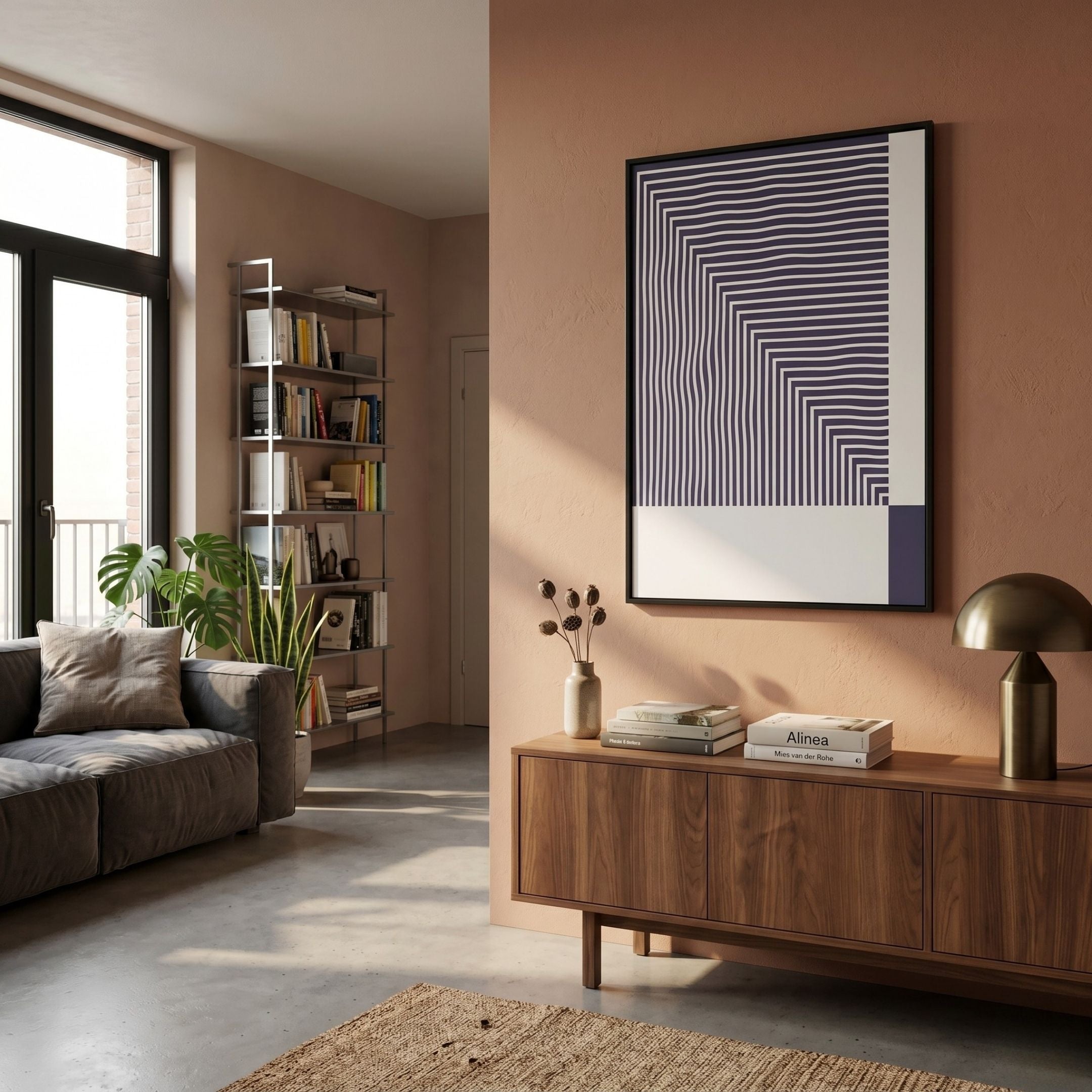 Linscape Violet Linear Wood Relief 3D Wall Art by Giant Sculptures mounted on a terracotta wall above a walnut sideboard with a brass mushroom lamp.