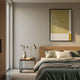 Linscape Yellow Linear Wood Relief 3D Wall Art by Giant Sculptures displayed above a wooden bed with green linen bedding in a minimalist bedroom.