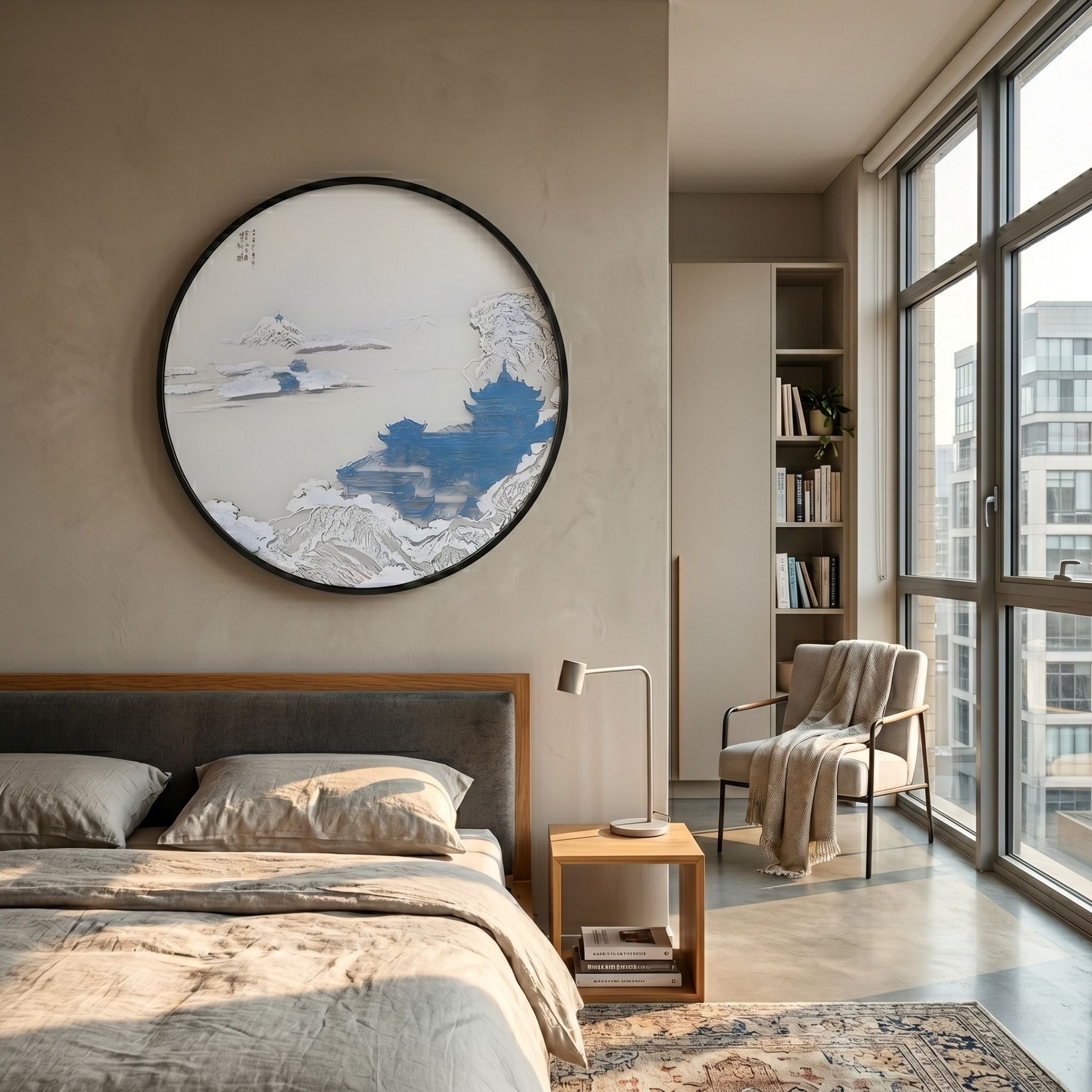 Yunsei Misty Pavilion Vista Round Silk Relief 3D Wall Art by Giant Sculptures hung above a bed in a sunlit modern bedroom with armchair and bookshelf.