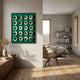 Orbivelle White & Emerald Patch Sphere Panel 3D Wall Art by Giant Sculptures displayed on a cream wall in a Nordic bedroom with oak floors and woven chair.