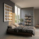 Orbivelle Gold Patch Sphere & White Panel 3D Wall Art by Giant Sculptures displayed above a wood platform bed in a modern grey bedroom with bookshelf.