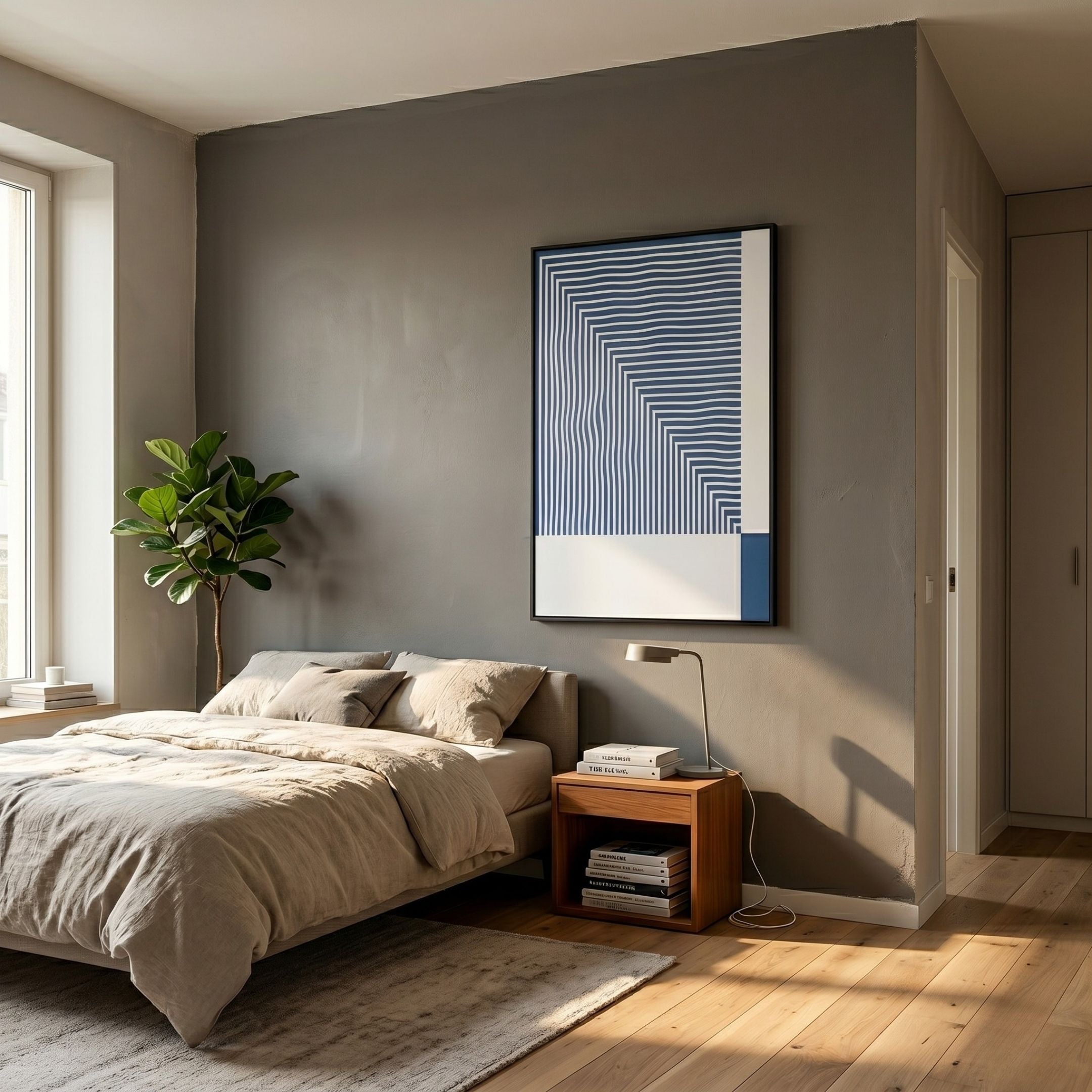 Linscape Blue Linear Wood Relief 3D Wall Art by Giant Sculptures hung above a linen-dressed bed and timber nightstand in a grey-walled bedroom with a fiddle leaf plant.