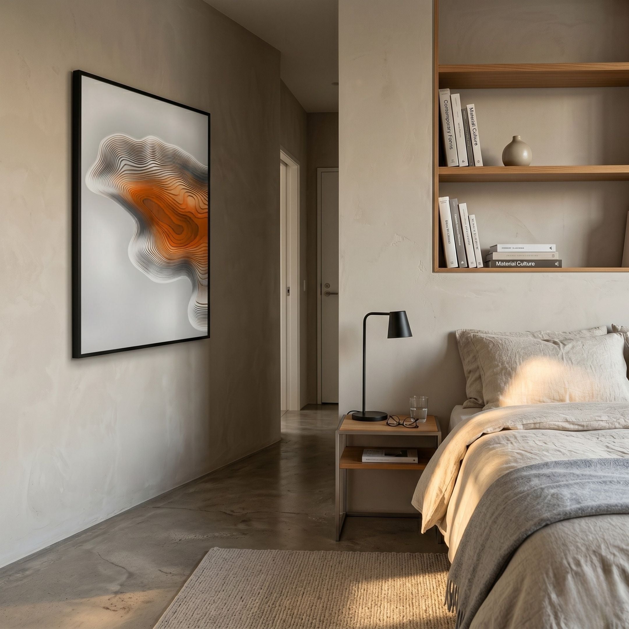 Stratona Orange Contour Layered Wood Relief 3D Wall Art by Giant Sculptures displayed in a minimalist bedroom above a wooden nightstand beside a linen-dressed bed.