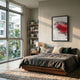 Stratona Red Contour Layered Wood Relief 3D Wall Art by Giant Sculptures displayed above a wooden bed in a modern bedroom with bookshelf and window.