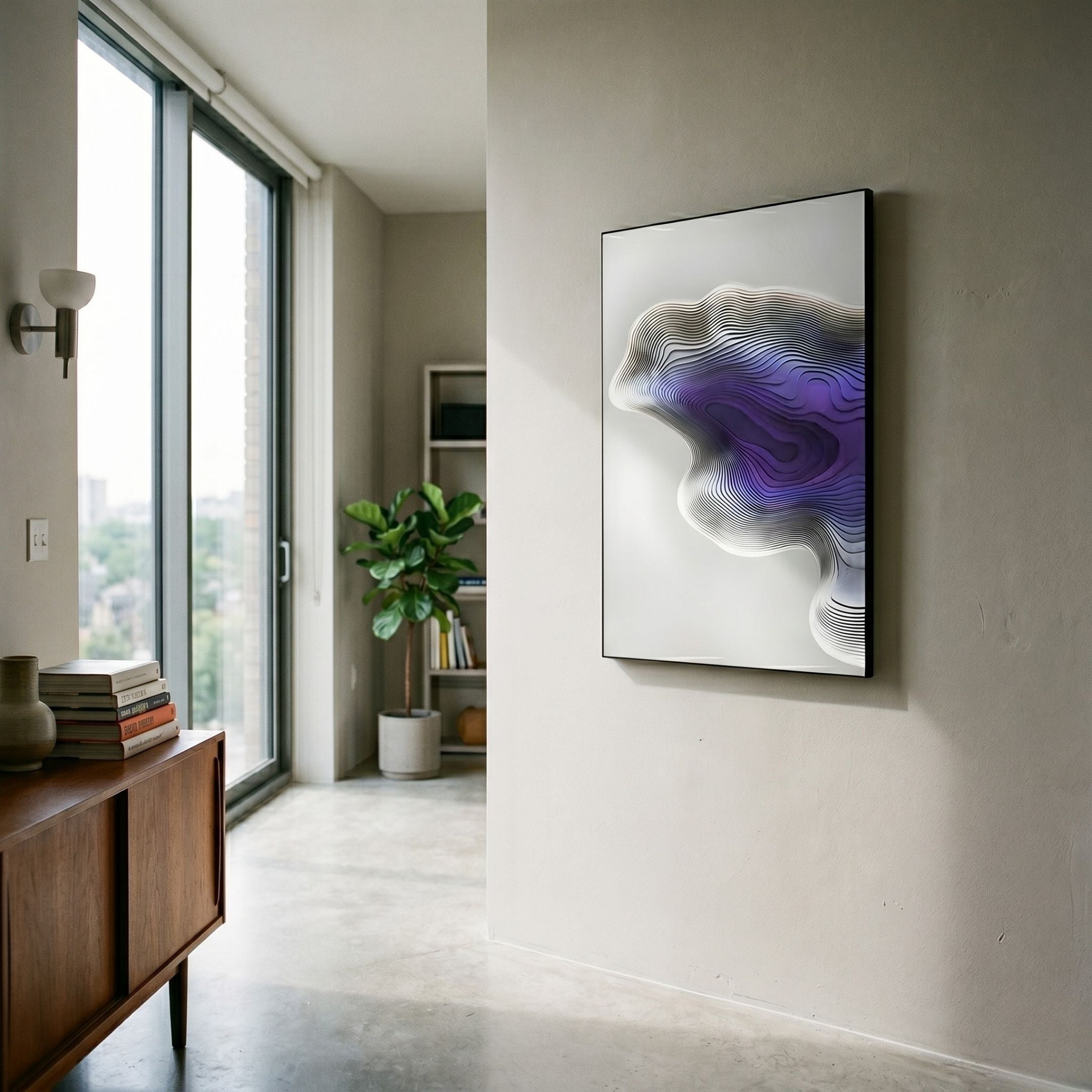 Stratona Purple Contour Layered Wood Relief 3D Wall Art by Giant Sculptures mounted in a bright modern hallway with a wooden console, books, and a fiddle-leaf fig.