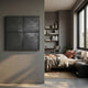 Terracrecta Charcoal Black Painted Textured Square 3D Wall Art by Giant Sculptures mounted on a grey bedroom wall beside a bed, bookshelf and window.