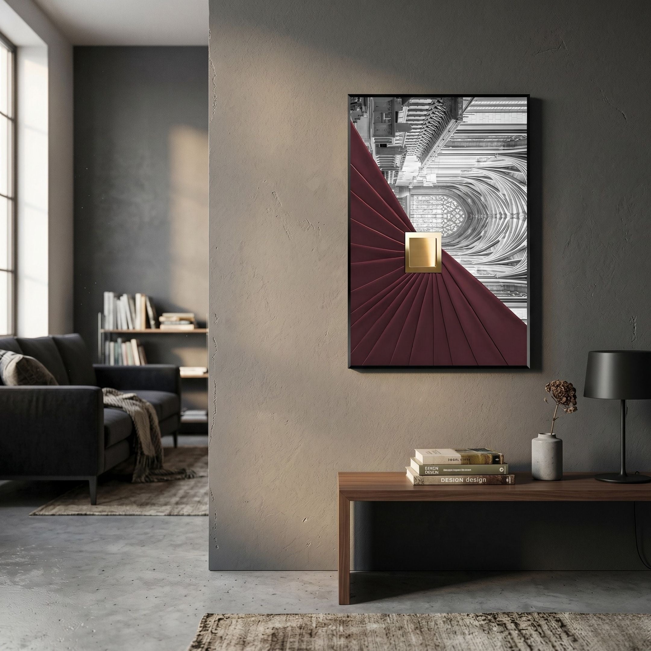 Arclustre Burgundy Pleated Leather Architectural 3D Wall Art by Giant Sculptures displayed on a grey wall in a modern living room with dark sofa.