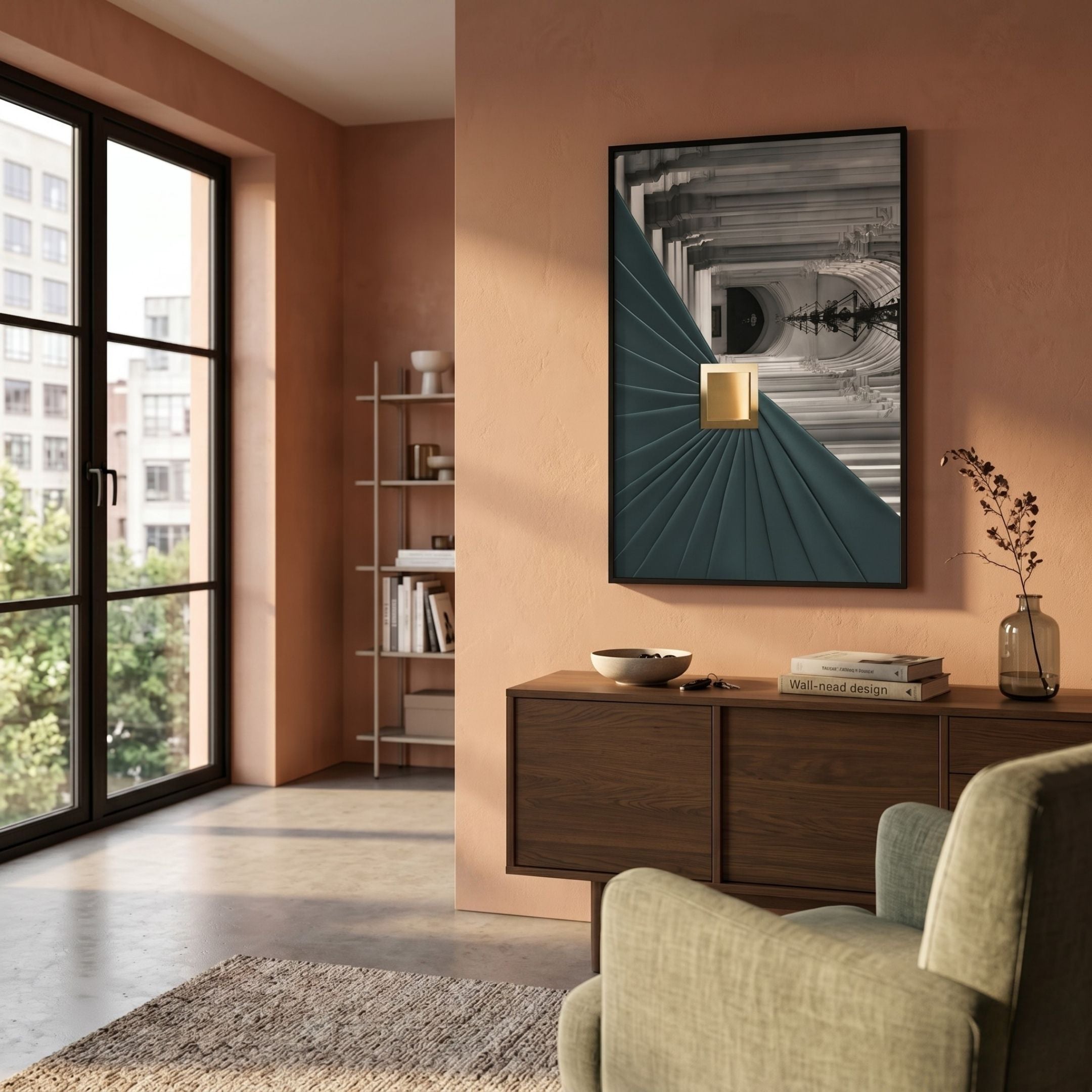 Arclustre Teal Pleated Leather Architectural 3D Wall Art by Giant Sculptures displayed above a walnut sideboard in a terracotta-toned living room.
