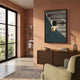 Arclustre Teal Pleated Leather Architectural 3D Wall Art by Giant Sculptures displayed above a walnut sideboard in a terracotta-toned living room.