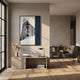 Arclustre Navy & White Lantern Arcade 3D Wall Art by Giant Sculptures displayed above a wooden console with pampas grass in a sunlit modern living room.