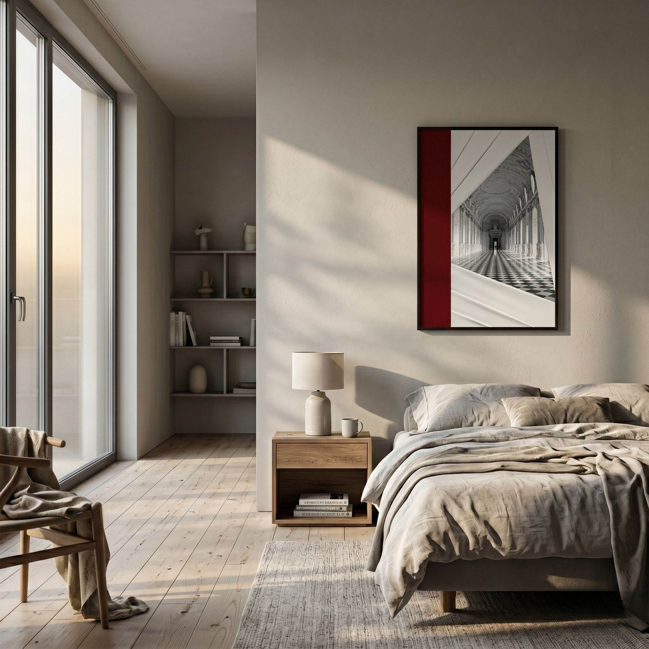 Arclustre Red & White Grand Hall Perspective 3D Wall Art by Giant Sculptures hung above a wooden nightstand in a neutral-toned bedroom with linen bedding.
