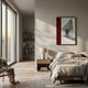 Arclustre Red & White Grand Hall Perspective 3D Wall Art by Giant Sculptures hung above a wooden nightstand in a neutral-toned bedroom with linen bedding.