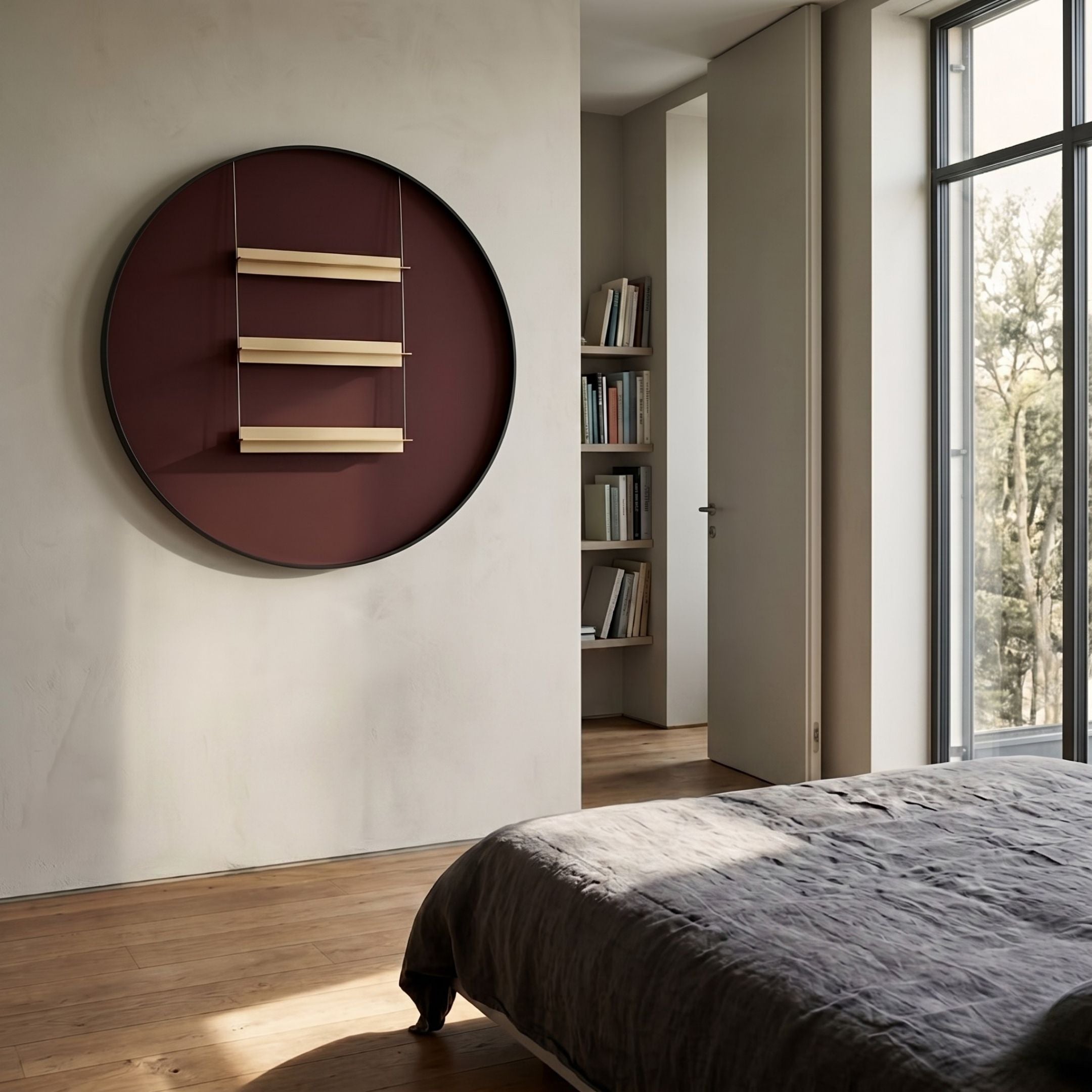 Straylight Terracotta Red Tiered Bar Round 3D Wall Art by Giant Sculptures displayed in a sunlit bedroom above wood flooring beside a linen-covered bed.