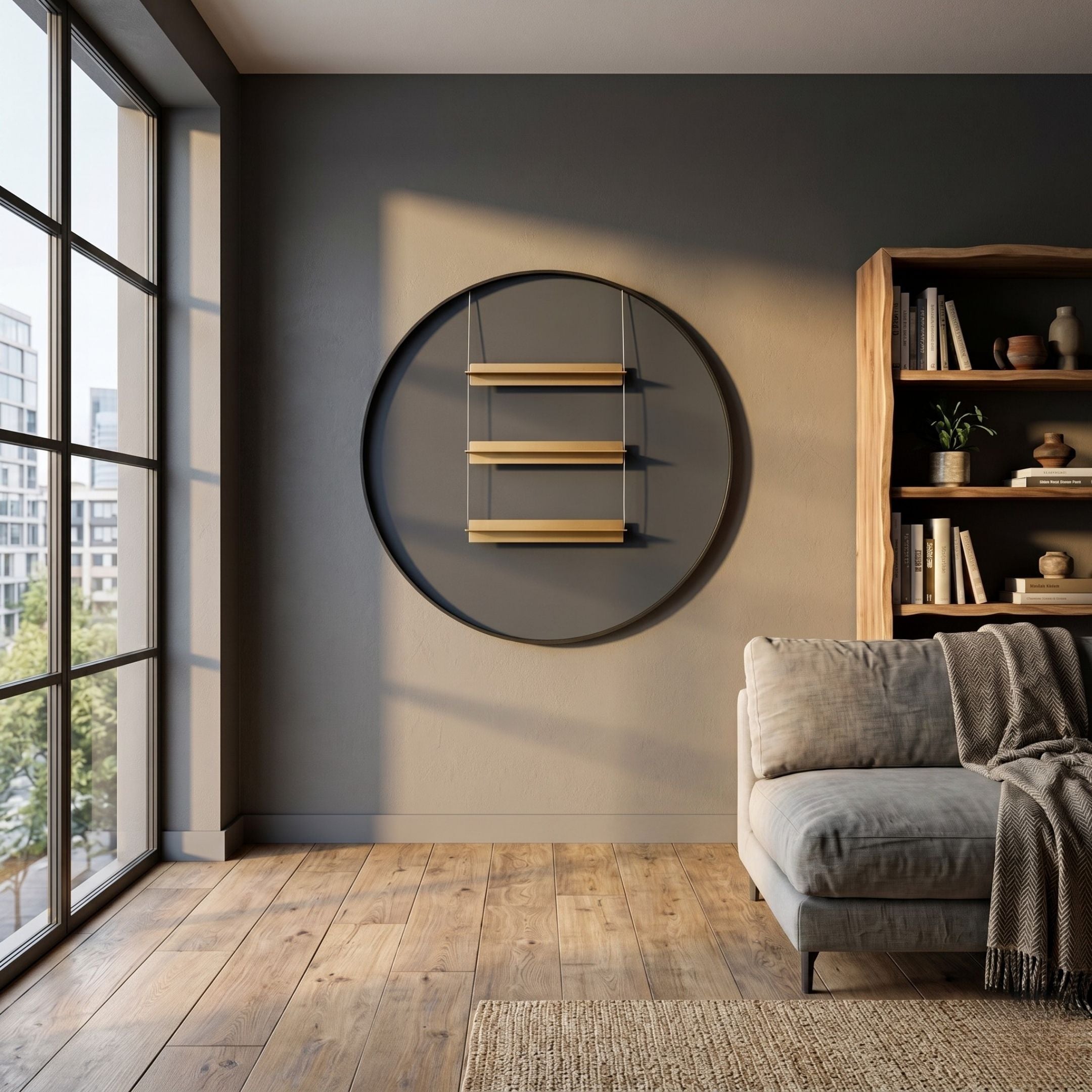 Straylight Charcoal Black Tiered Bar Round 3D Wall Art by Giant Sculptures mounted on a grey wall in a modern living room with sofa and bookshelf.