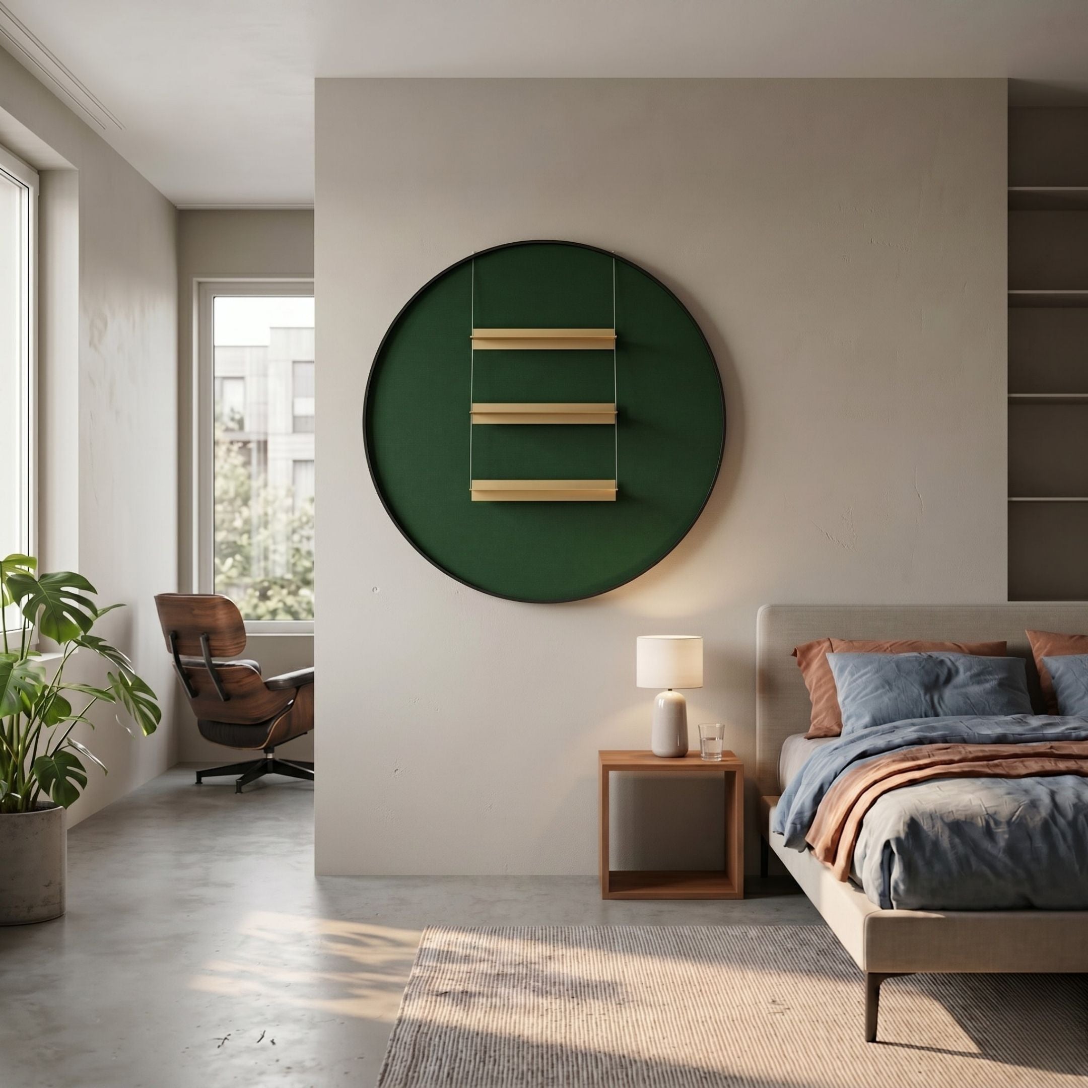 Straylight Deep Green Tiered Bar Round 3D Wall Art by Giant Sculptures displayed on a bedroom wall above a nightstand, beside a bed and lounge chair.
