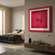 Cavallero Red Cigar & Cutter Framed Wall Art by Giant Sculptures, mounted on a beige bedroom wall above a wooden console with books and a lamp.