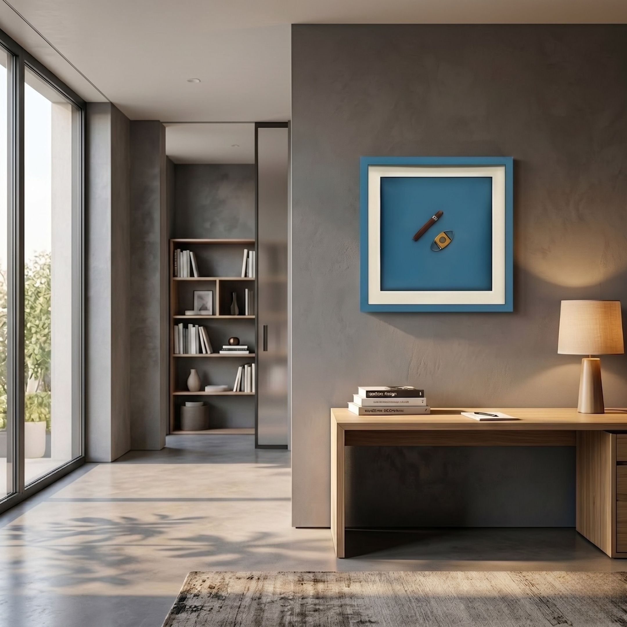 Cavallero Teal Cigar & Cutter Framed Wall Art by Giant Sculptures hung on a grey wall in a modern office above a wooden desk with lamp and books.