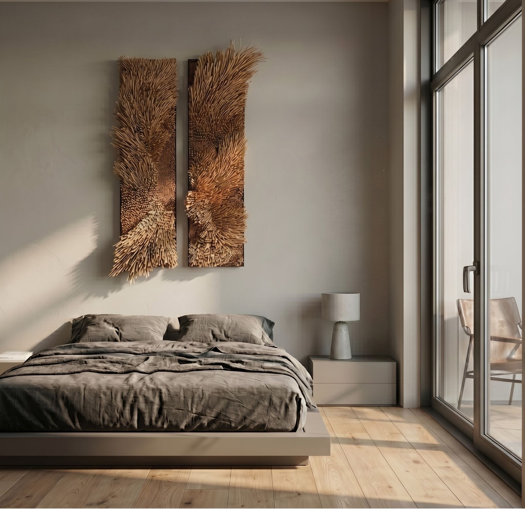 Bristella Umber Brown Textured 2-Panel 3D Wall Art mounted above a low platform bed with grey linen bedding in a sunlit modern bedroom.