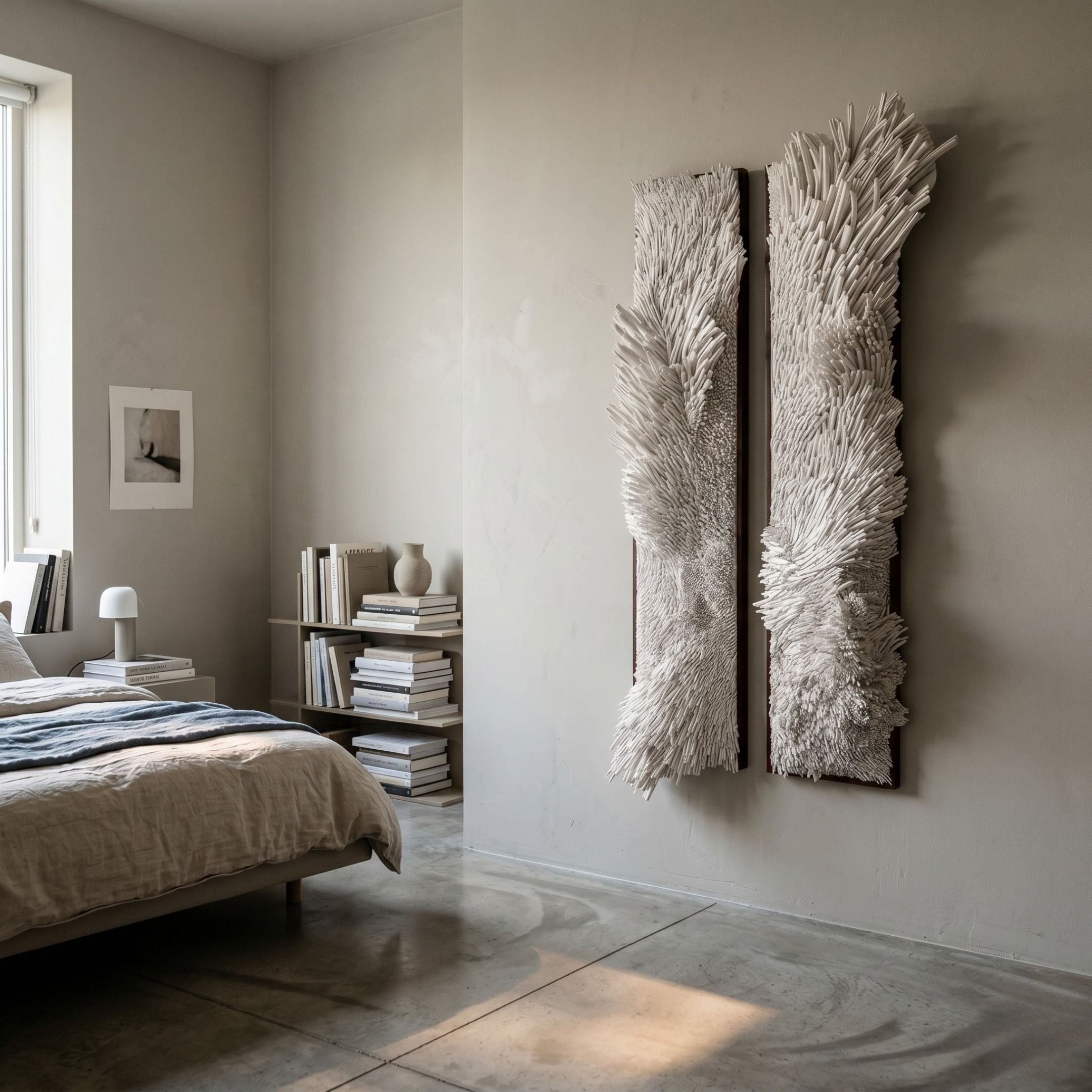 Bristella White Textured 2-Panel 3D Wall Art by Giant Sculptures mounted in a minimalist bedroom with linen bedding, a low bookshelf, and concrete floor.
