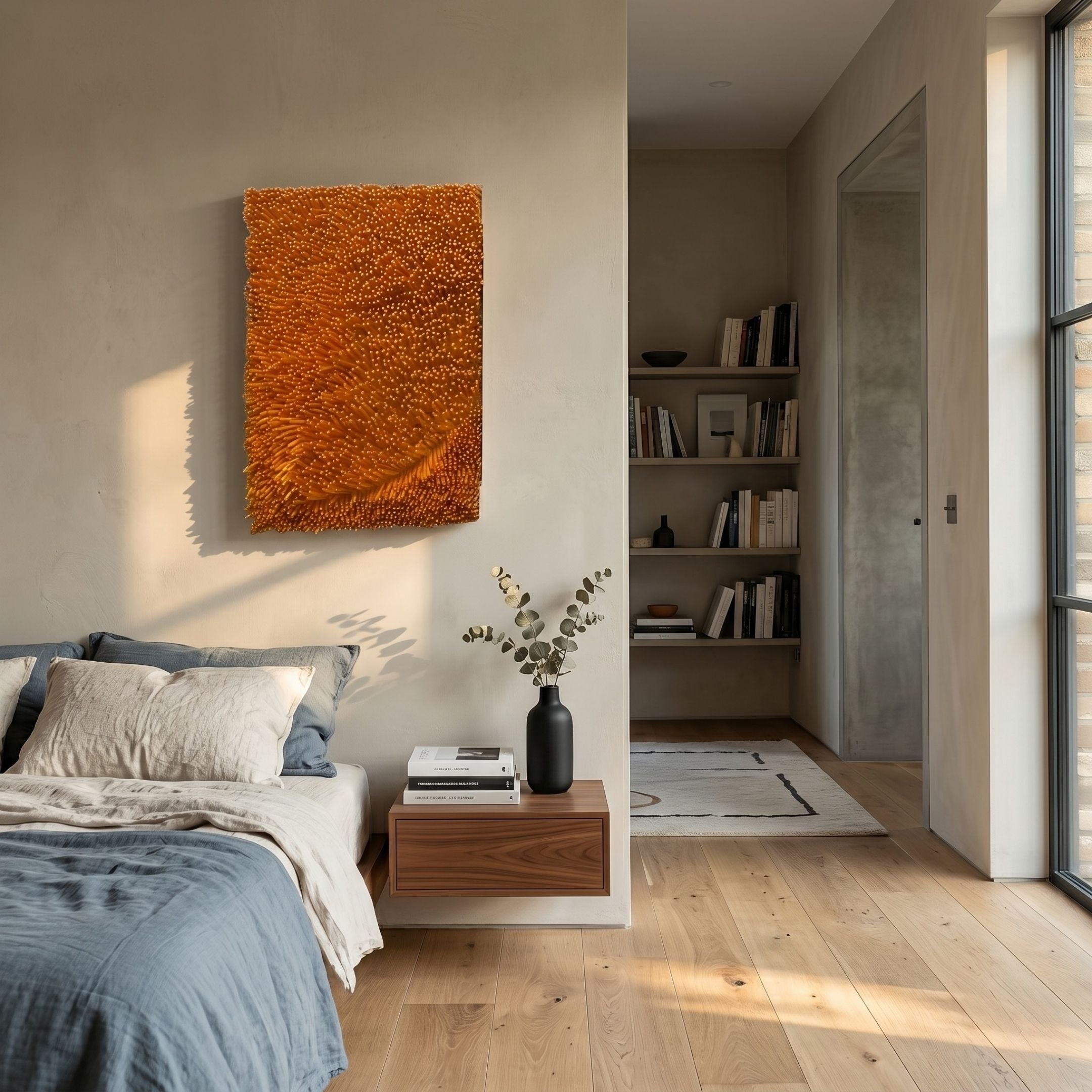 Bristella Amber Textured Vertical Panel 3D Wall Art mounted above a walnut floating nightstand in a sunlit bedroom with blue linens and a bookshelf nook.