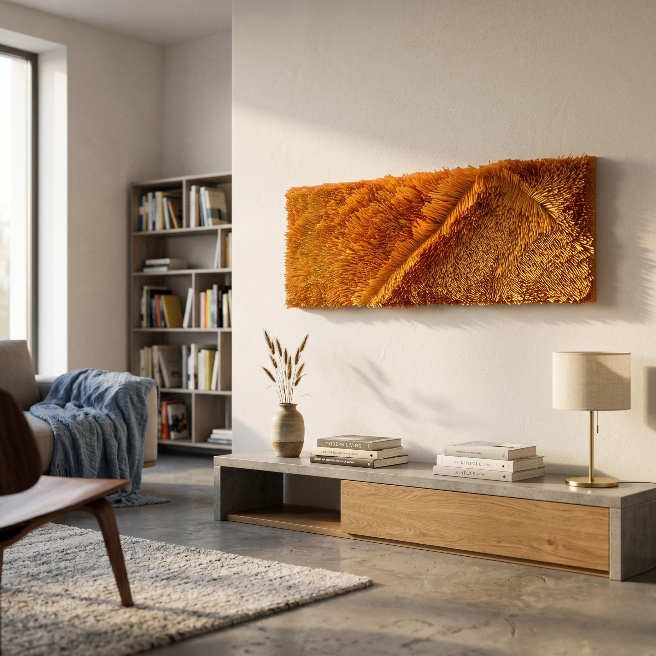 Bristella Ember Gold Textured Linear Panel 3D Wall Art mounted above a concrete console in a modern living room with bookshelf, lamp, and armchair.