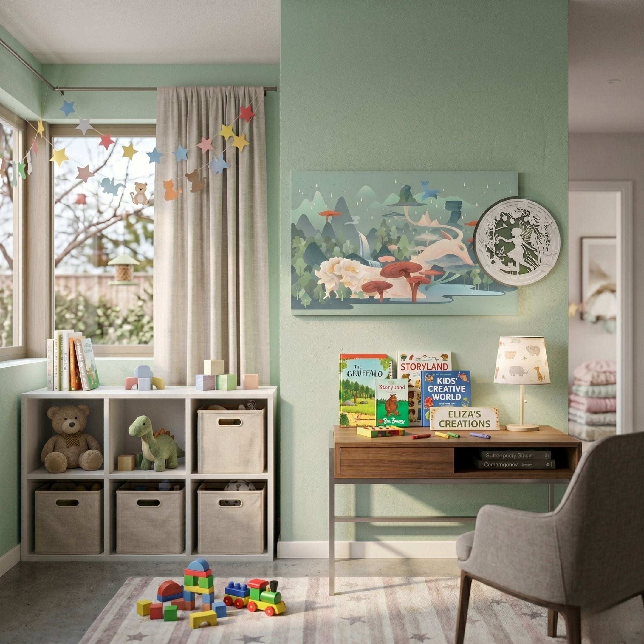 Everwyn Tales Celestial Deer Enchanted Valley 3D Wall Art displayed on a sage green nursery wall above a wooden desk, beside toy storage and a curtained window.
