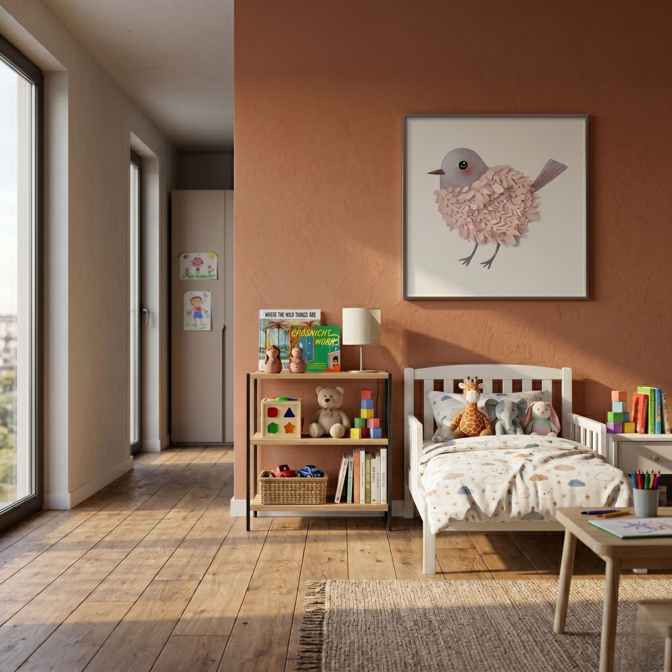 Blossomkin Bird 3D Floral Wall Art by Giant Sculptures displayed in a child's bedroom with terracotta wall, white toddler bed, plush toys, and bookshelf.