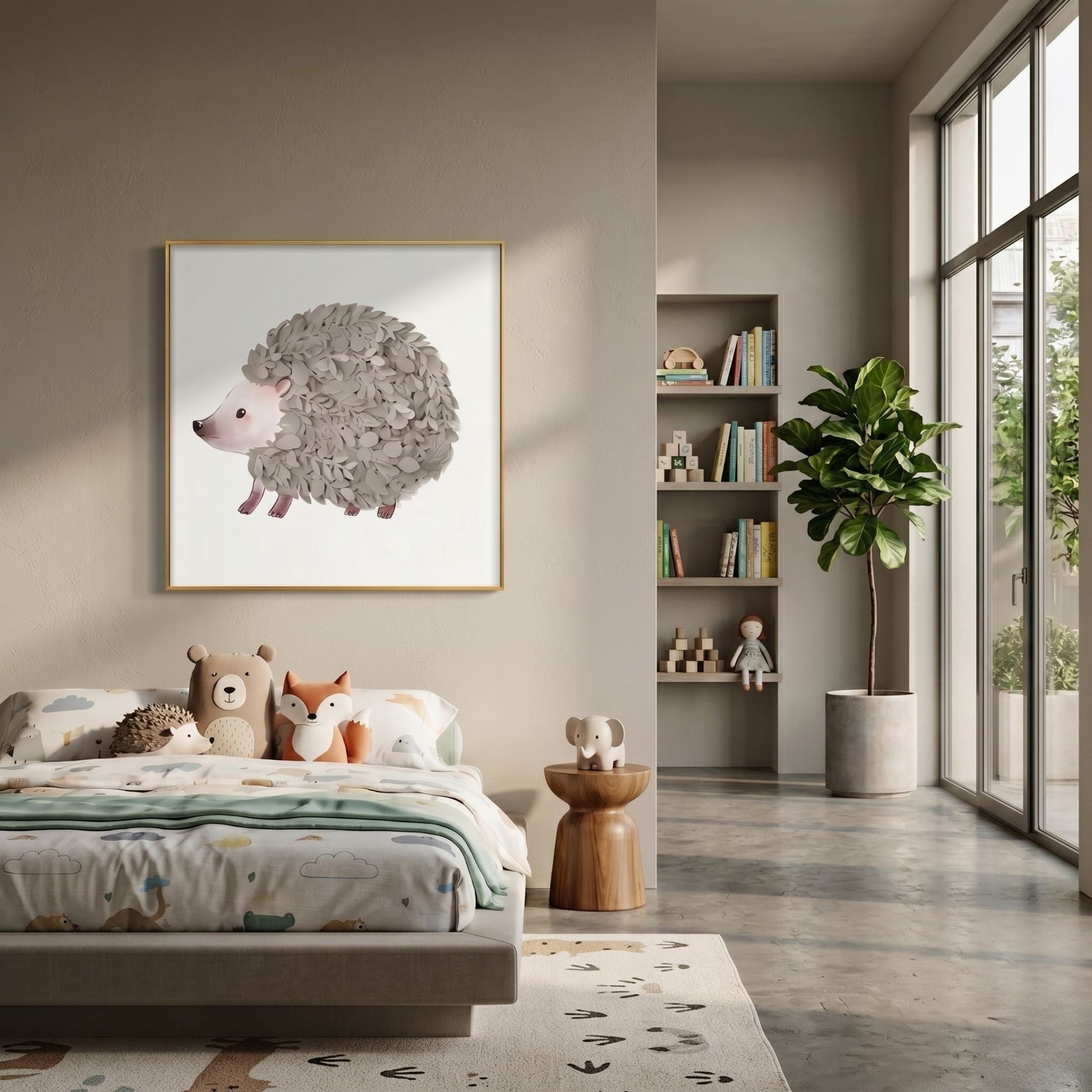 Blossomkin Hedgehog 3D Floral Wall Art by Giant Sculptures, framed in gold above a child's bed with plush toys, beside a bookshelf and fiddle-leaf fig.