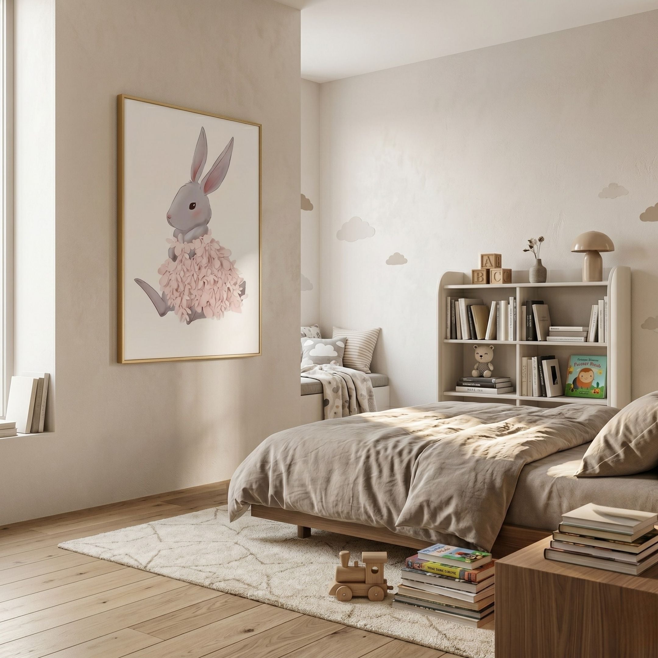 Blossomkin Bunny 3D Floral Wall Art by Giant Sculptures, featuring a grey bunny with pink petal skirt in a gold frame, displayed in a beige nursery bedroom.
