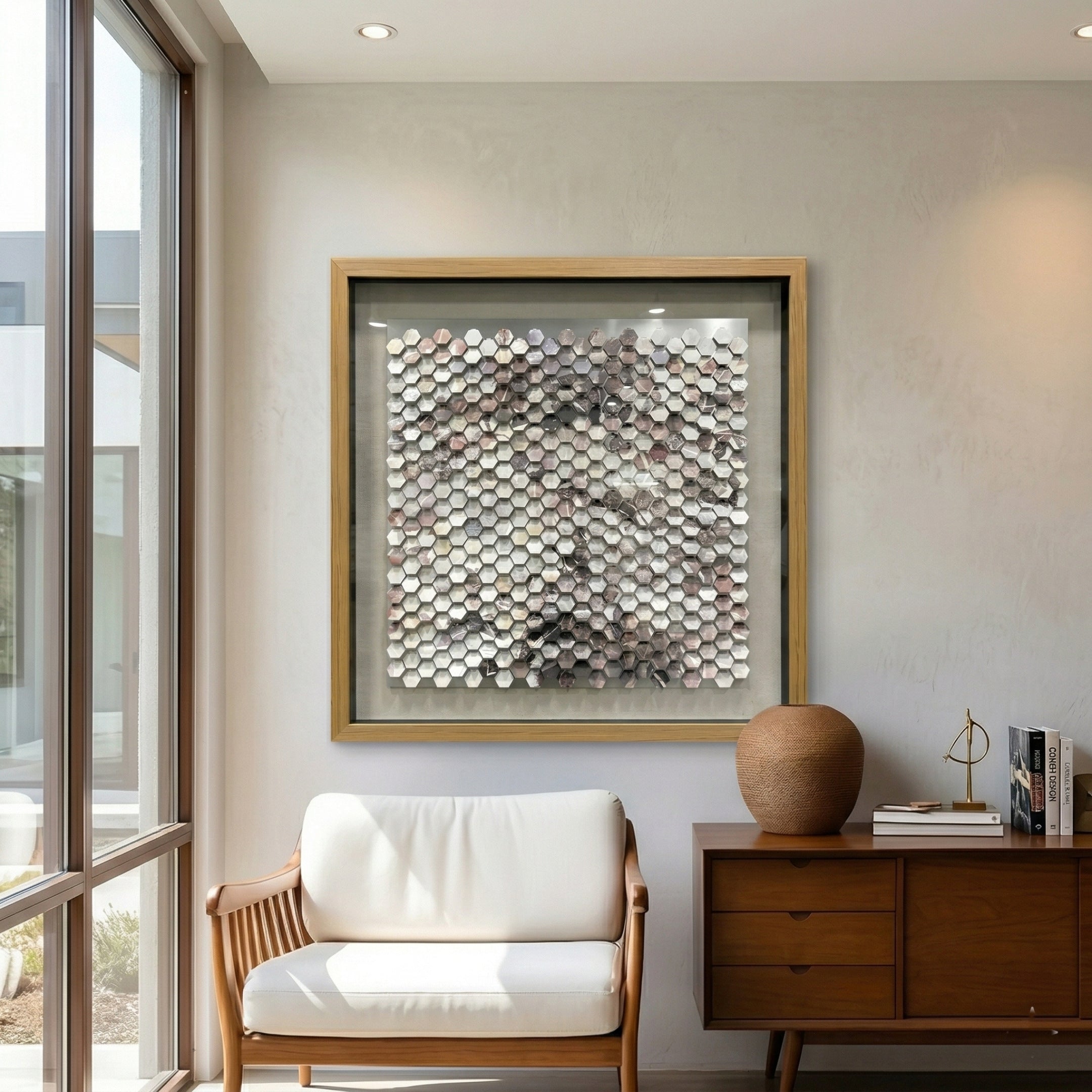 Tessora White & Smoke Hex Mosaic Metal 3D Wall Art by Giant Sculptures displayed in a living room above a white cushioned chair beside a walnut credenza, showing raised hexagonal aluminium tiles in white and smoke tones within a solid wood frame.