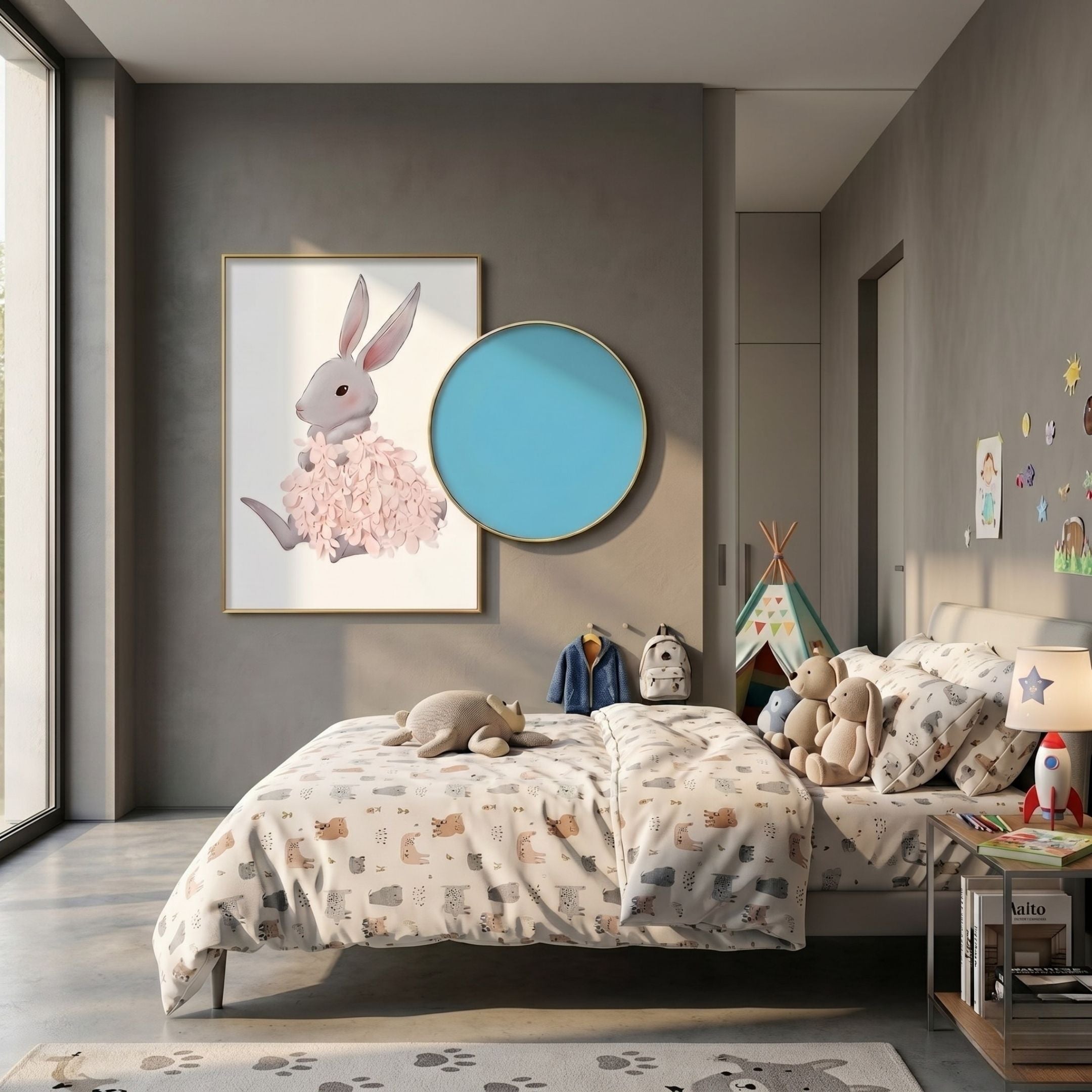 Blossomkin Blue Petal Bunny Kids 3D Wall Art by Giant Sculptures, featuring a grey bunny in a pink petal coat beside a turquoise gold-framed disc, displayed in a child's bedroom.