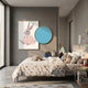 Blossomkin Blue Petal Bunny Kids 3D Wall Art by Giant Sculptures, featuring a grey bunny in a pink petal coat beside a turquoise gold-framed disc, displayed in a child's bedroom.