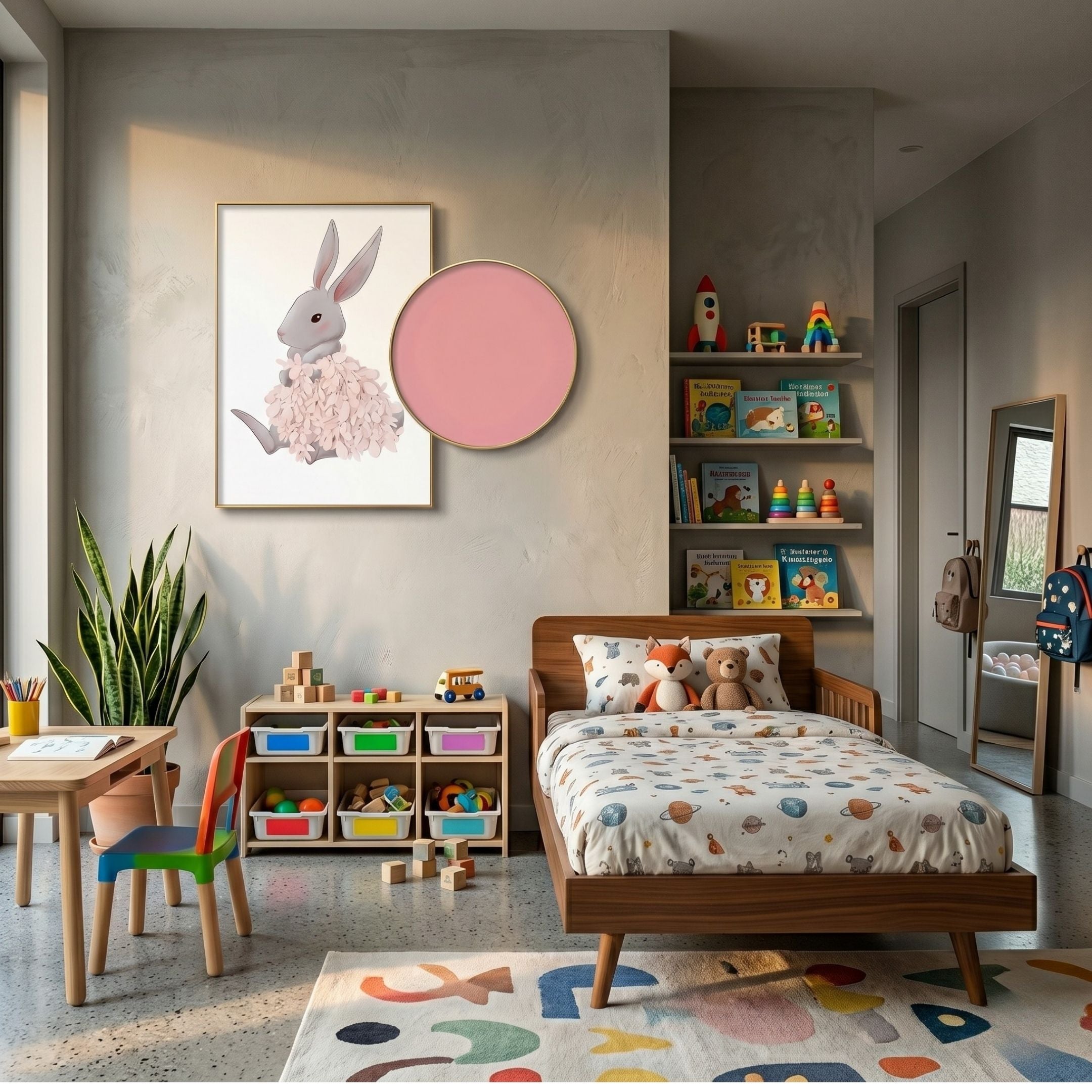 Blossomkin Pink Petal Bunny Kids 3D Wall Art by Giant Sculptures, a grey bunny with layered pink petal skirt, displayed beside a pink round mirror in a child's bedroom.