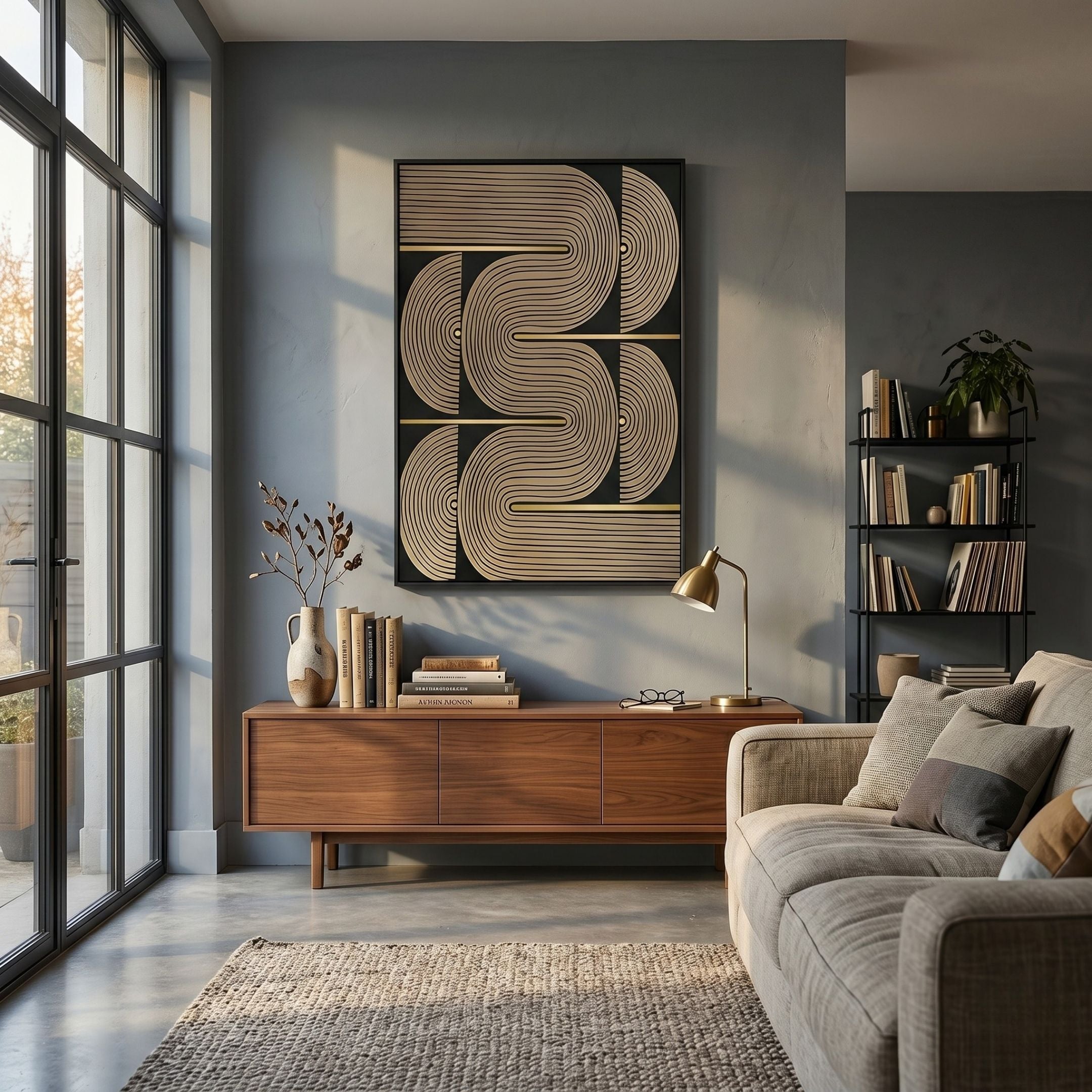 Curvanta Bronze Loop Geometric 3D Wall Art by Giant Sculptures mounted on a grey wall above a walnut sideboard with brass lamp in a modern living room.