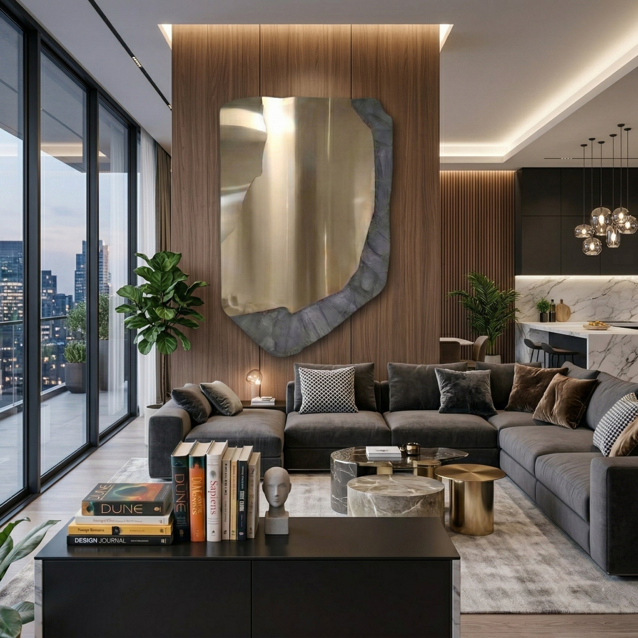 Gildrift Gold Steel & Slate Grey Edge Textured 3D Wall Art by Giant Sculptures mounted on a walnut wood wall in a modern living room with a grey sectional sofa and marble coffee tables.