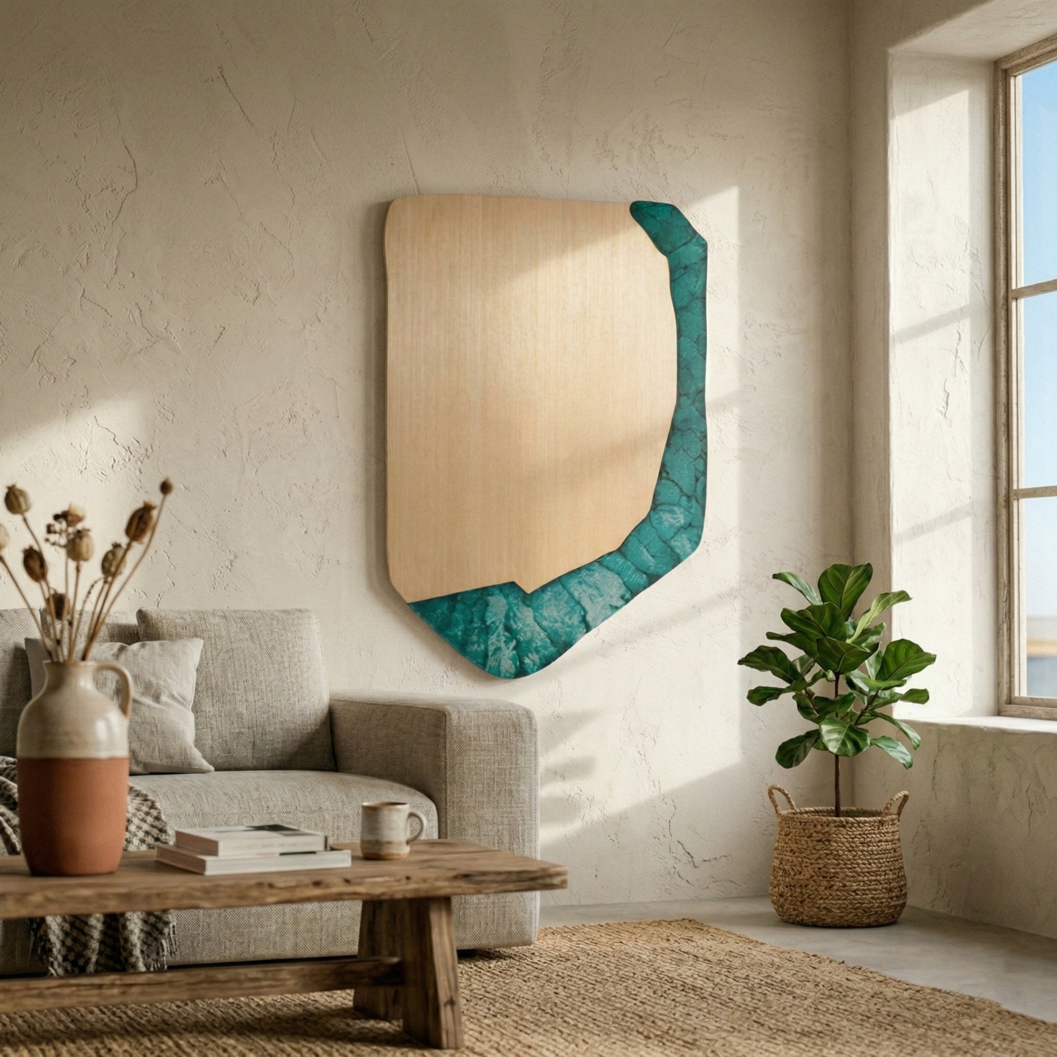 Gildrift Gold Steel & Emerald Stone Edge Textured 3D Wall Art by Giant Sculptures mounted on a textured beige wall in a living room with a linen sofa, wooden coffee table, and fiddle leaf fig plant.
