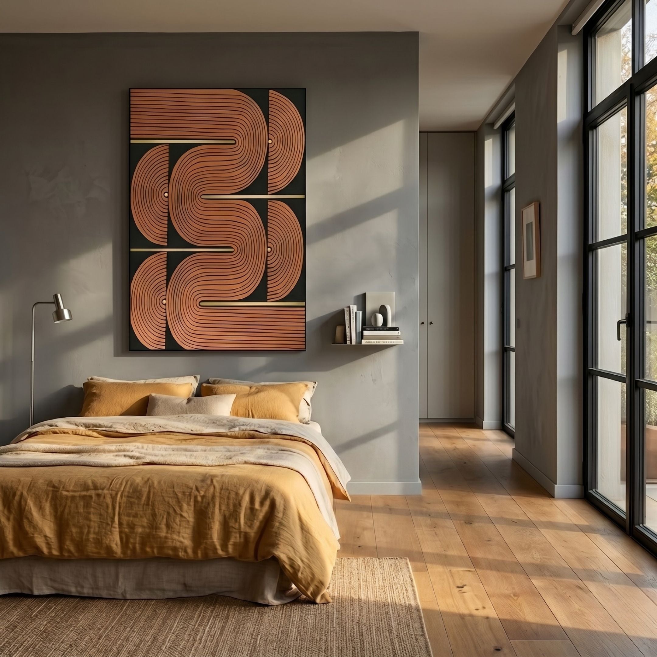 Curvanta Brown Loop Geometric 3D Wall Art by Giant Sculptures mounted above a bed dressed in mustard linen in a grey bedroom with oak floors.