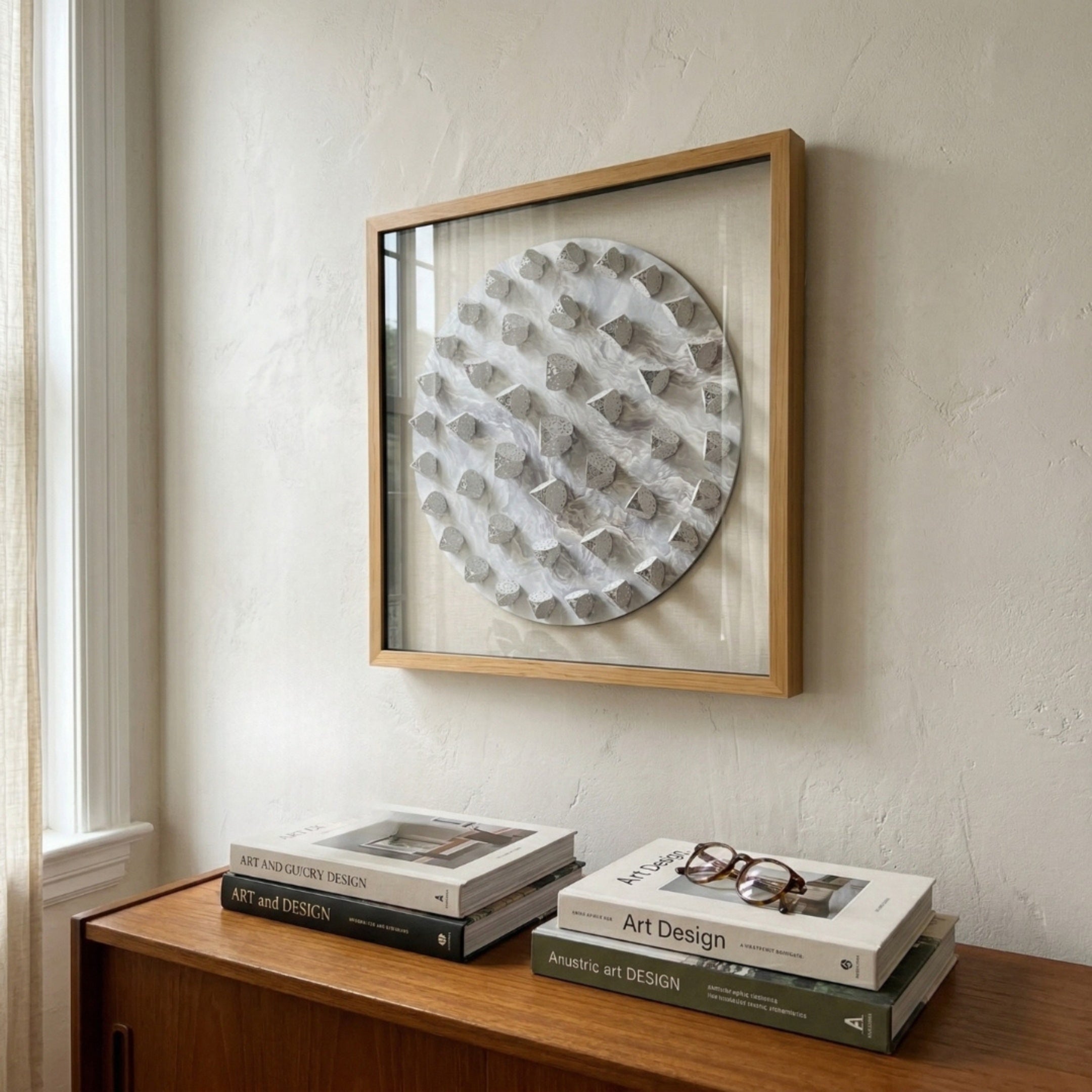 Steelune Silver Metal Disc Spike 3D Wall Art by Giant Sculptures mounted on a textured beige wall in a wood-framed plexiglass case, displayed above a walnut console with stacked art books and glasses.