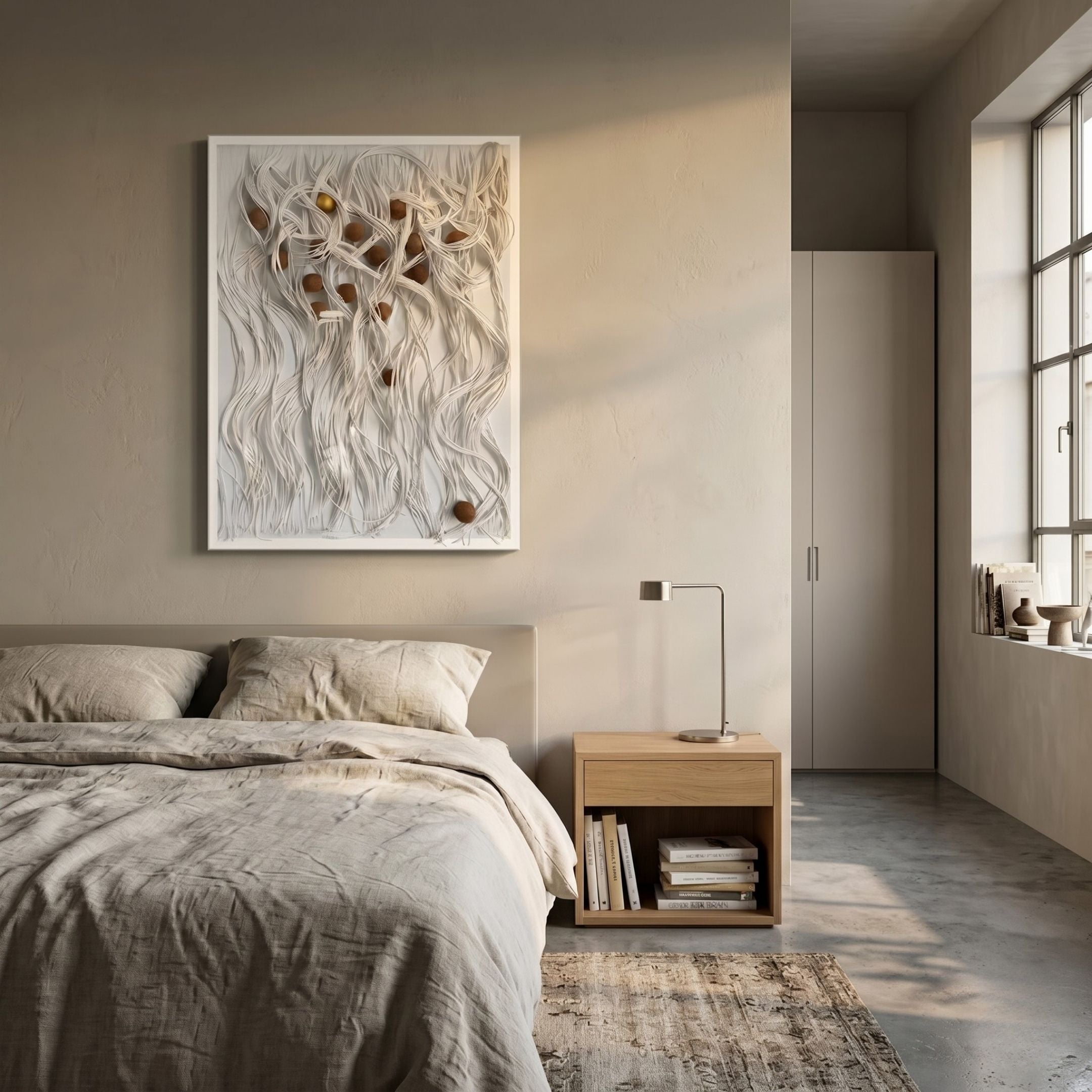 Strandeva White Weave & Walnut Sphere 3D Layered Wall Art by Giant Sculptures hung above a linen bed and oak nightstand in a neutral bedroom.