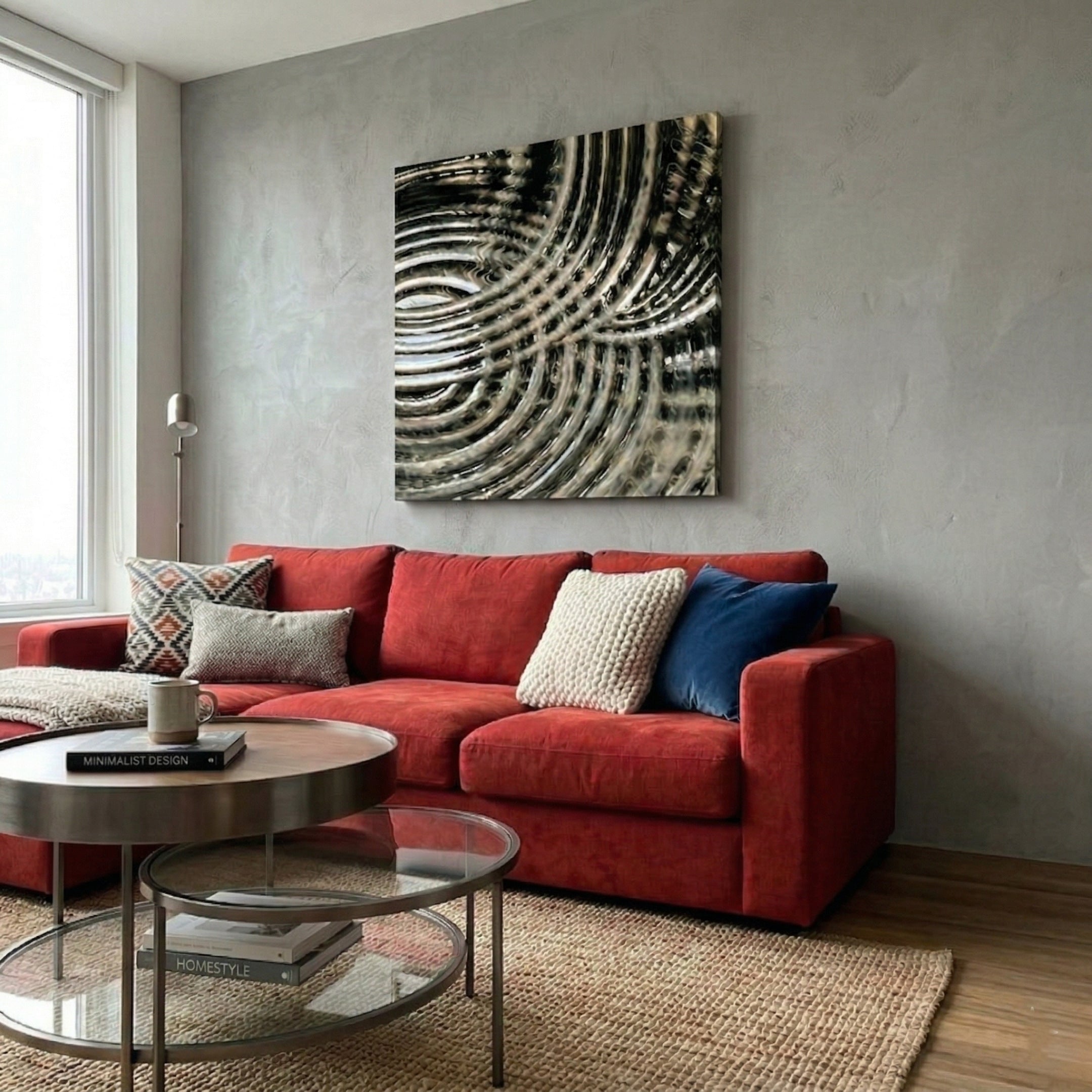 Rillora Taupe & Graphite Ribbed Wood Carving 3D Wall Art by Giant Sculptures mounted on a grey concrete wall above a red sofa in a modern living room.