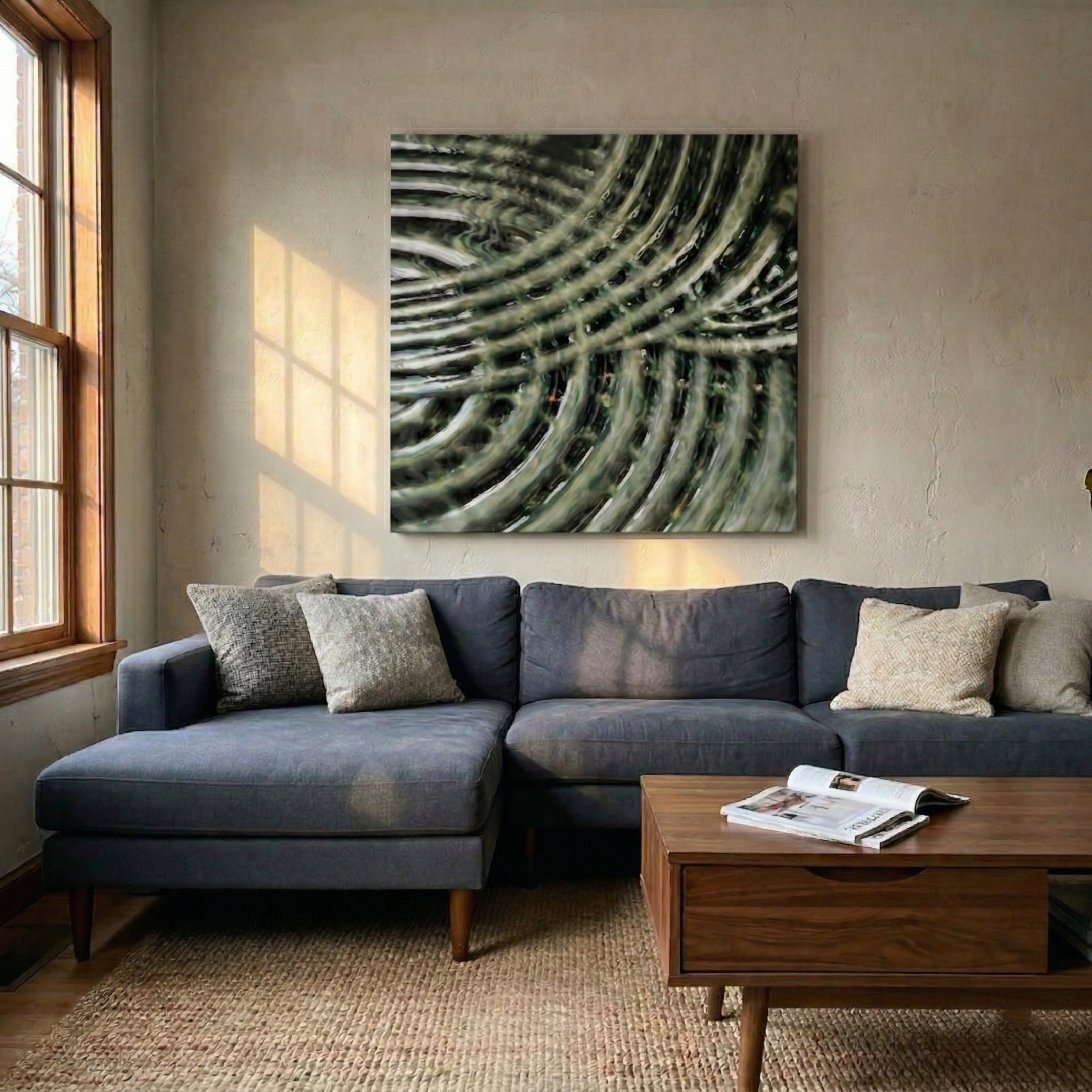 Rillora Sage Green Ribbed Wood Carving 3D Wall Art by Giant Sculptures mounted above a dark blue sectional sofa in a sunlit living room with a walnut coffee table and jute rug.