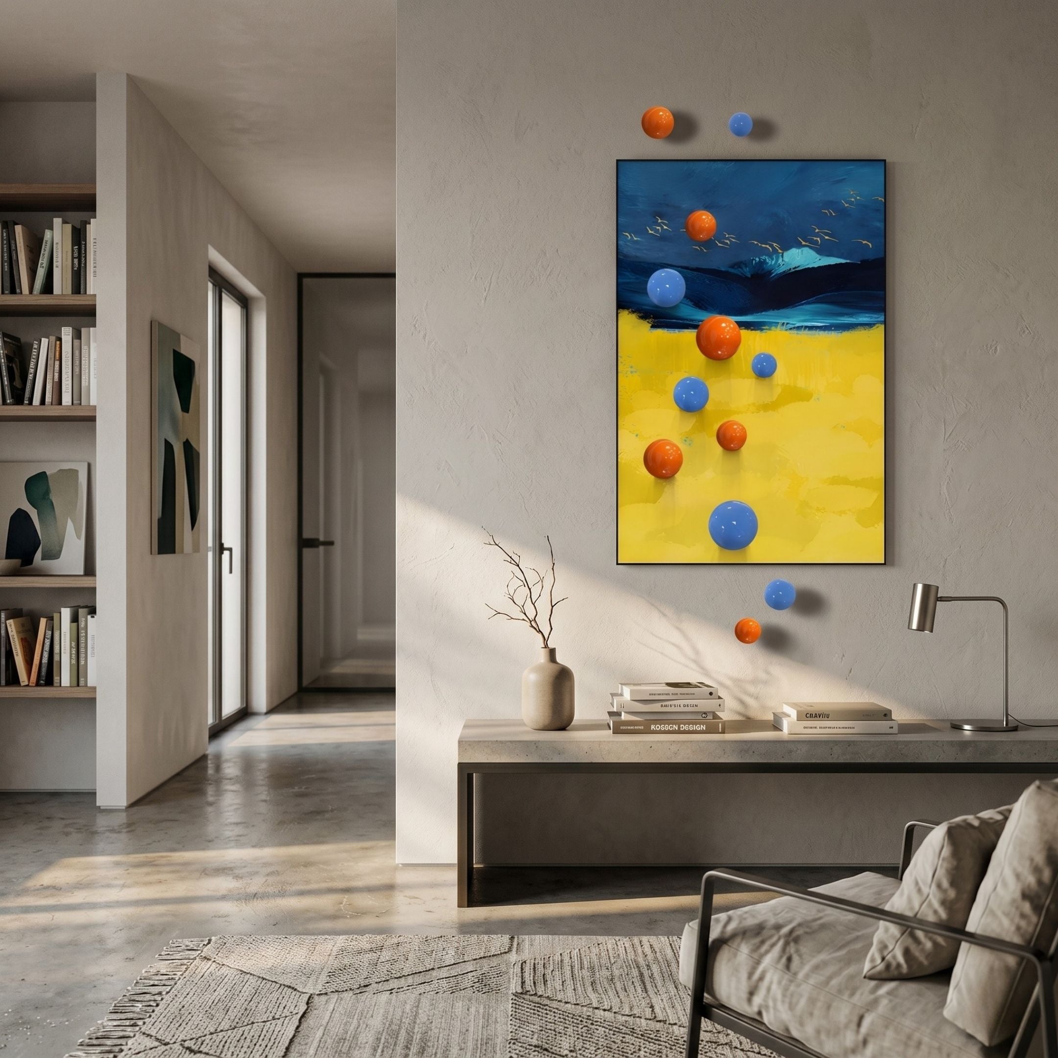 Aerisphere Mountain Glow Vertical 3D Wall Art by Giant Sculptures displayed in a modern living room above a console table, with orange and blue spheres extending beyond the frame.