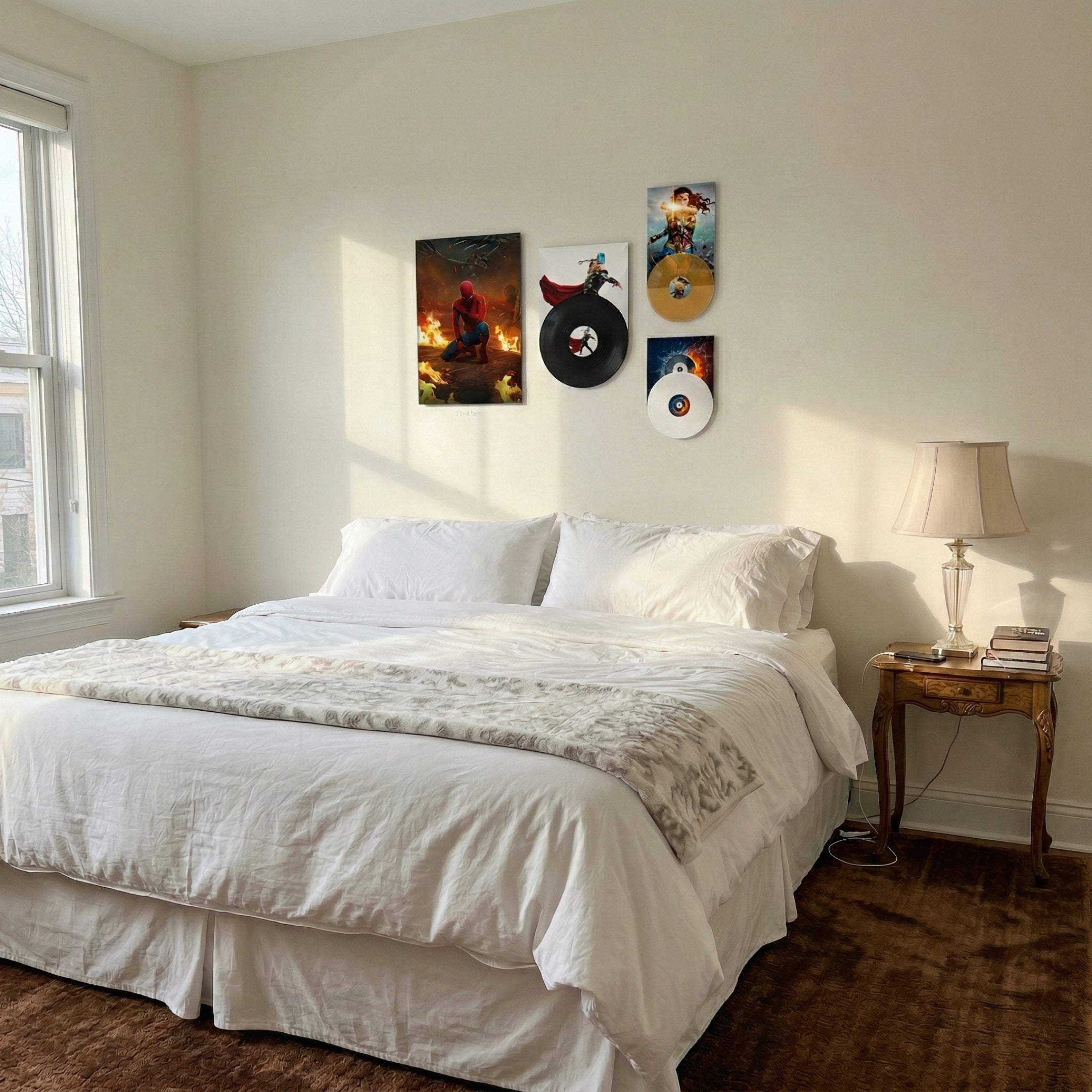 ReelRiot Firestorm Superheroes Record 4-Panel Wall Art by Giant Sculptures displayed above a white bed in a sunlit bedroom, featuring hero character prints with vinyl records in vivid orange, blue, and black tones.